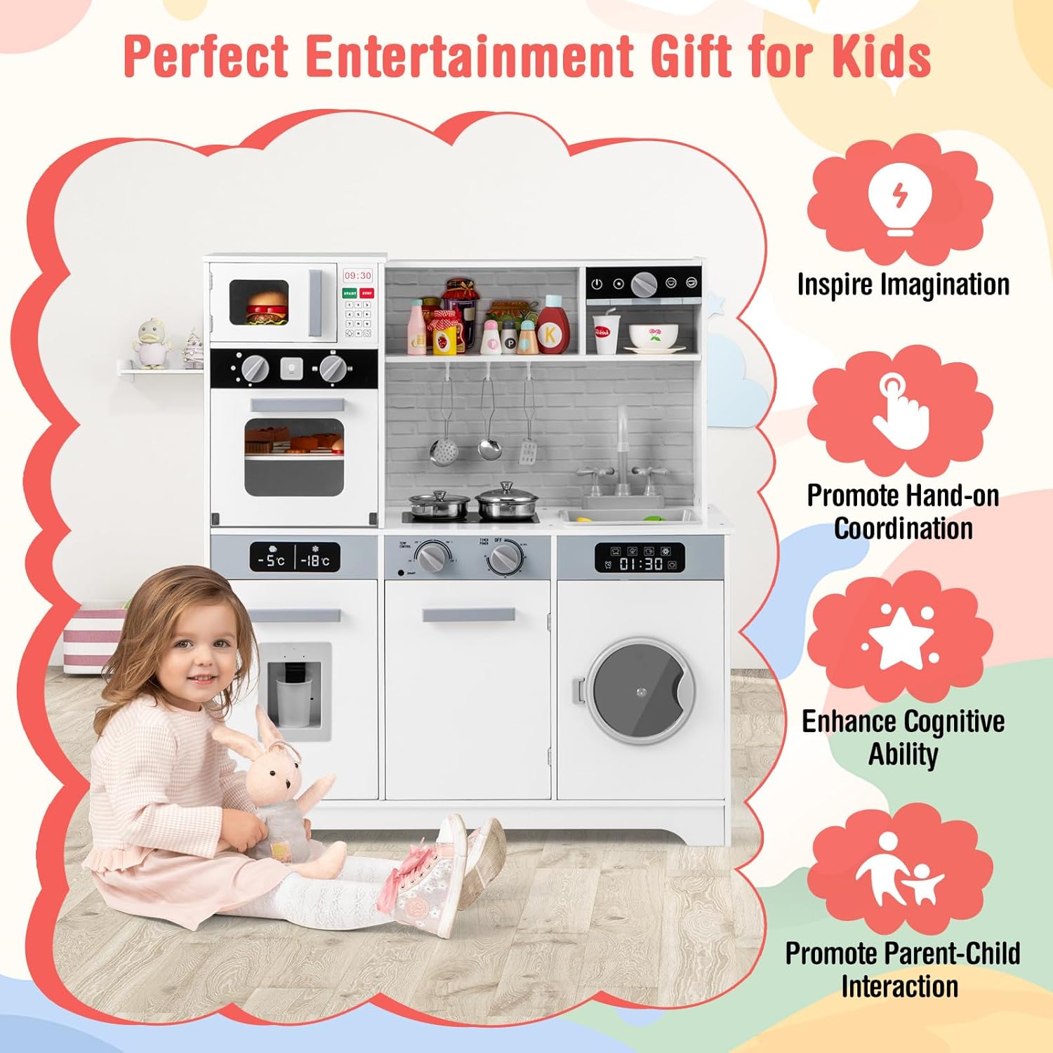 Costzon Kids Kitchen Playset, Wooden Toddler Play Set w/Real Lights & Sounds, Sink, Faucet, Water Dispenser, Microwave, Oven, Washing Machine, Little Chef Pretend Play Kitchen for Kids Ages 3+(White)