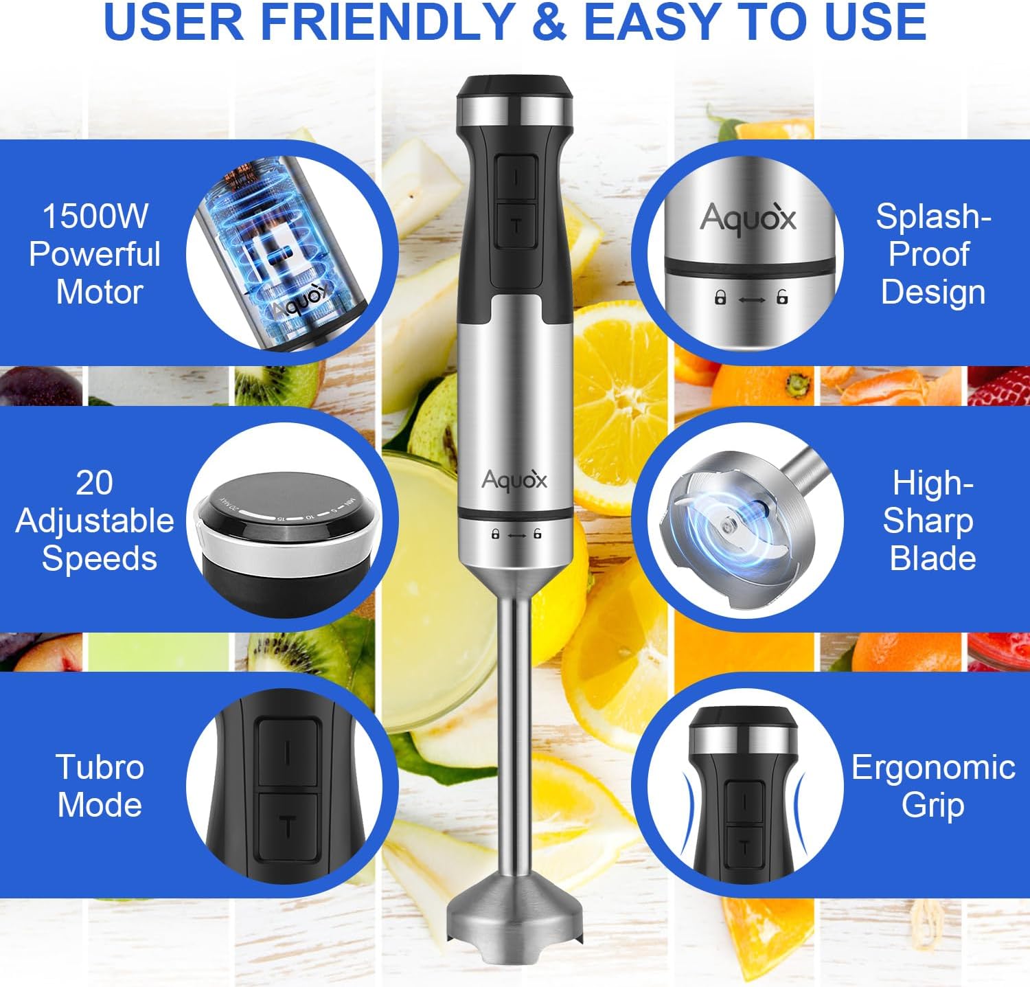 Immersion Blender 5 in 1 Handheld Blender 1500W, 20 Speed Mode&Turbo Boost, Heavy Duty Motor Electric Hand Blender with Chopper, Whisk, Frother, Beaker, for Baby Food, Sauce, Soup, Aquox