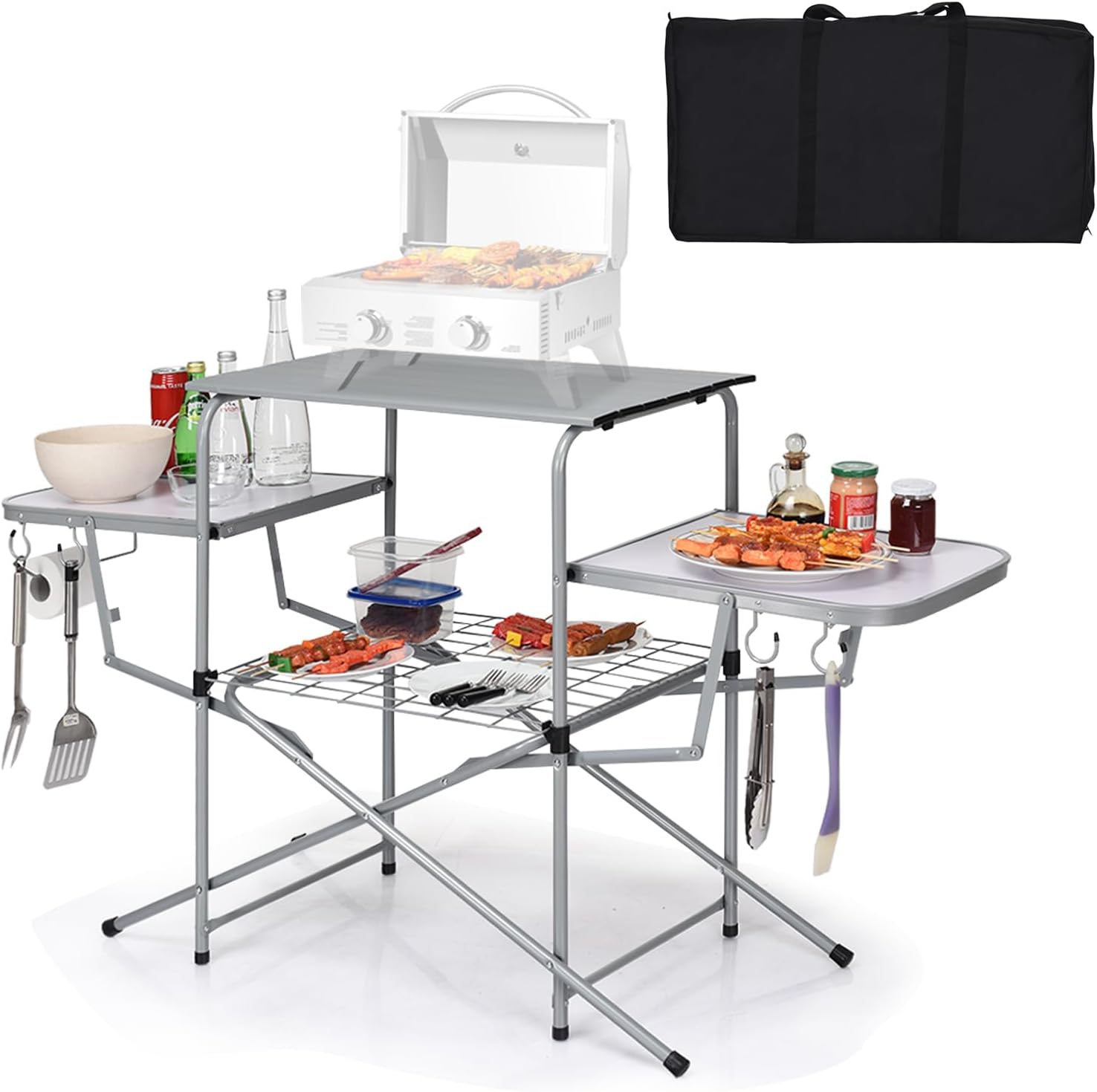 KOTEK Folding Camping Table, Camping Kitchen Station with Heat Resistant Tabletop, 2 Side Tables, Wire Rack & 4 Hooks, Portable Outdoor Cooking Table for Picnics, Party, Tailgating, Backyard BBQ