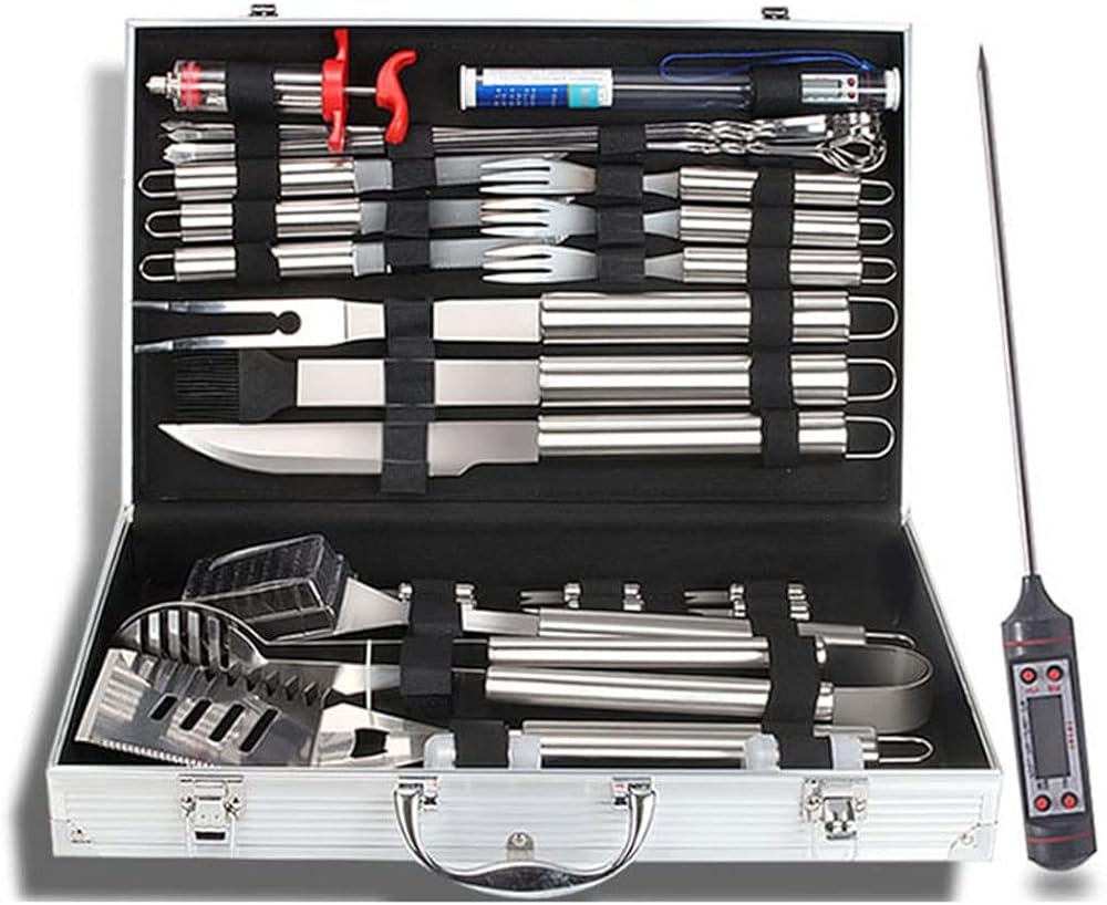 BBQ Tool Aluminum Carrying Case, Deluxe Grill Set,32PCS Stainless Steel Grill Accessories with Thermometer,for Camping/Backyard Barbecue - Perfect Grill Gifts f
