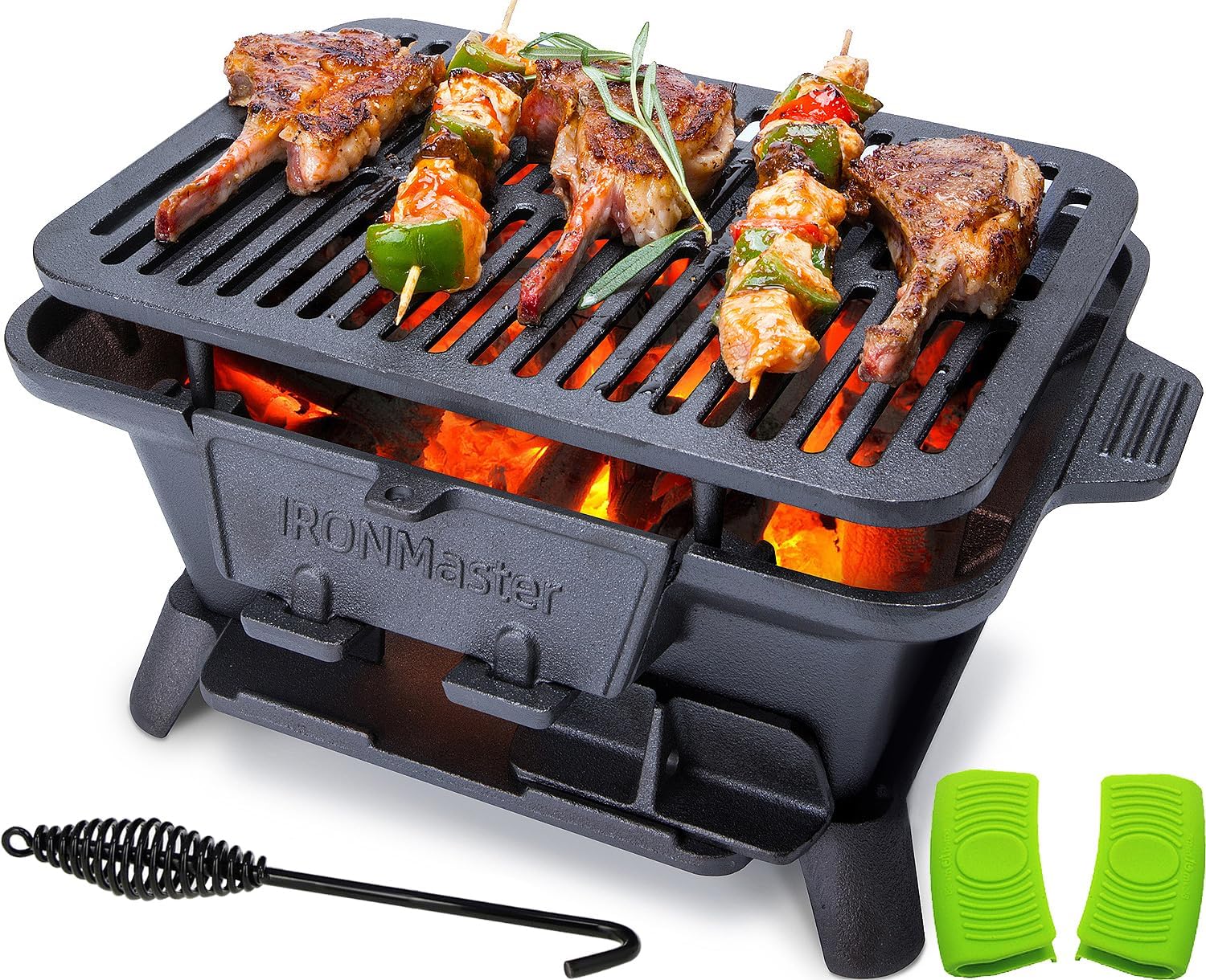 IronMaster Hibachi Grill Outdoor, Small Portable Charcoal Grill, Pre-Seasoned Cast Iron, Japanese Yakitori Camping Grill - 2 Heights, Air Control, Coal Door, Ideal for 2 People