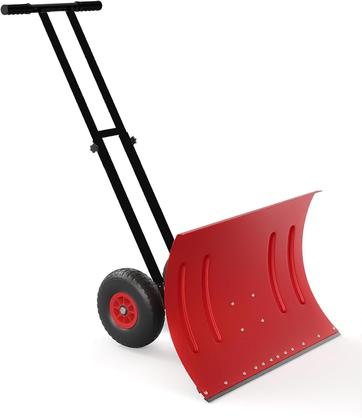 Snow Shovel for Driveway, Heavy Duty Steel Snow Pusher with Wheels and Angled Blade Efficient Snow Removal, 5-Position Adjustable Handle Snow Plow for Doorway Sidewalk