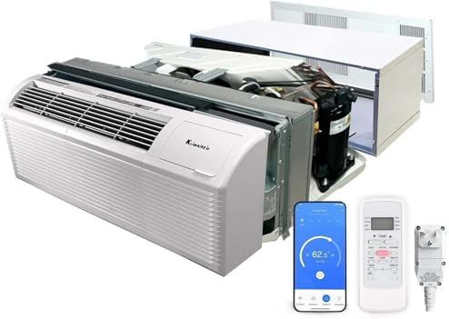 Klimaire 9,000 BTU PTAC Heat Pump A/C R-32 with 3.5kW Electric Heater, Remote, Sleeve, Grille, Drain Kit - 230V