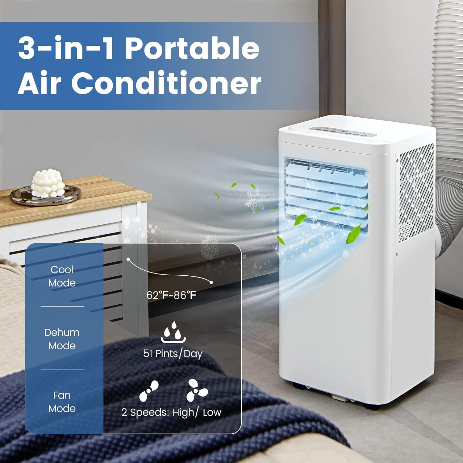 ARLIME Portable Air Conditioners, 8000 BTU AC Unit Fan & Dehumidifier w/Remote Control, 1-24H Timer & 2 Fan Speeds, Exhaust Hose & Window Kit, Air Conditioner Portable for Room Cools up to 250 Sq. Ft
