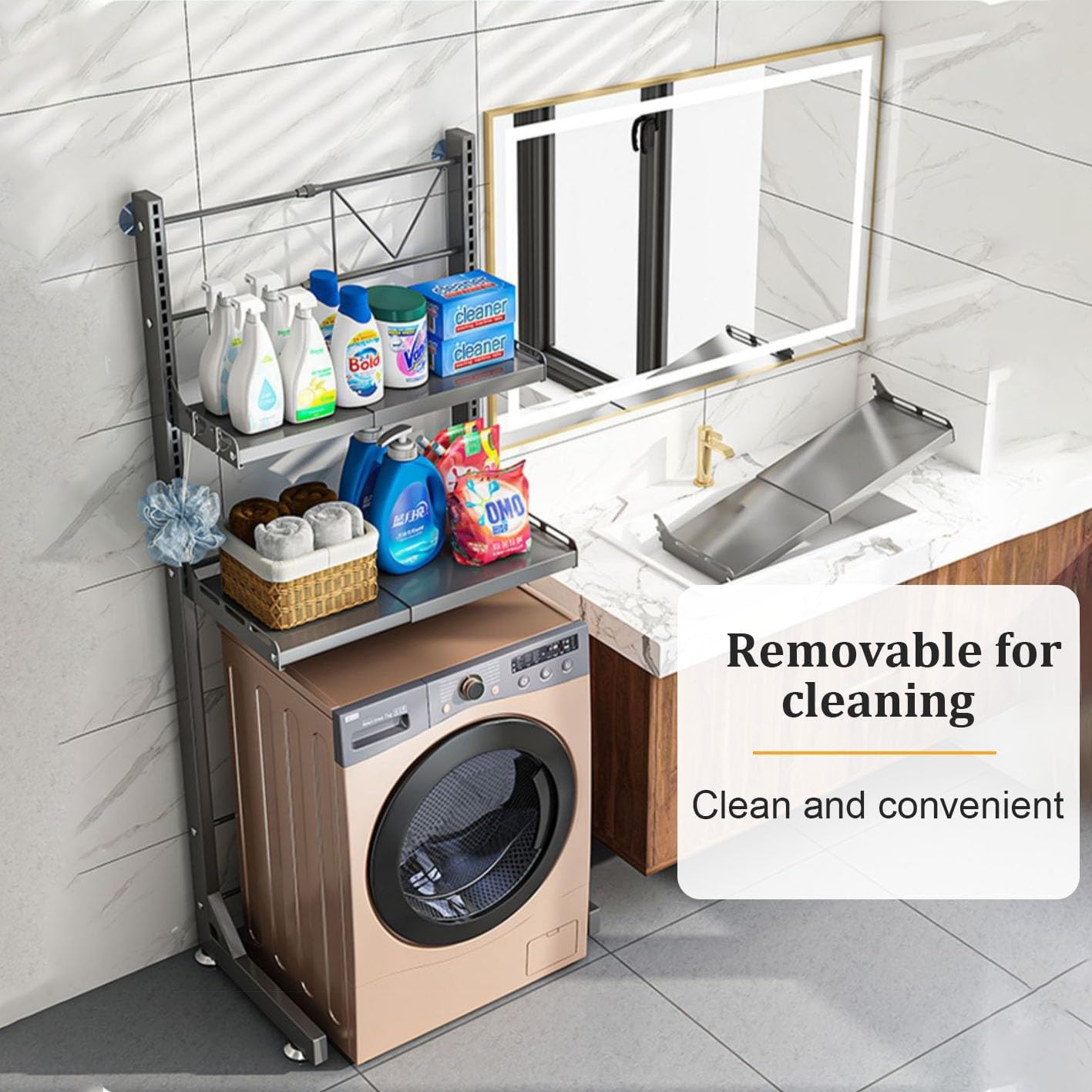 Over Washer And Dryer Storage Shelf, Dryer Stand Height Adjustable Portable Stacking Kit For Washing Machine Tumble Dryer, Carbon Steel Material, For Bathrooms Laundry Rooms Balconies(Gray,161cm/63.3i