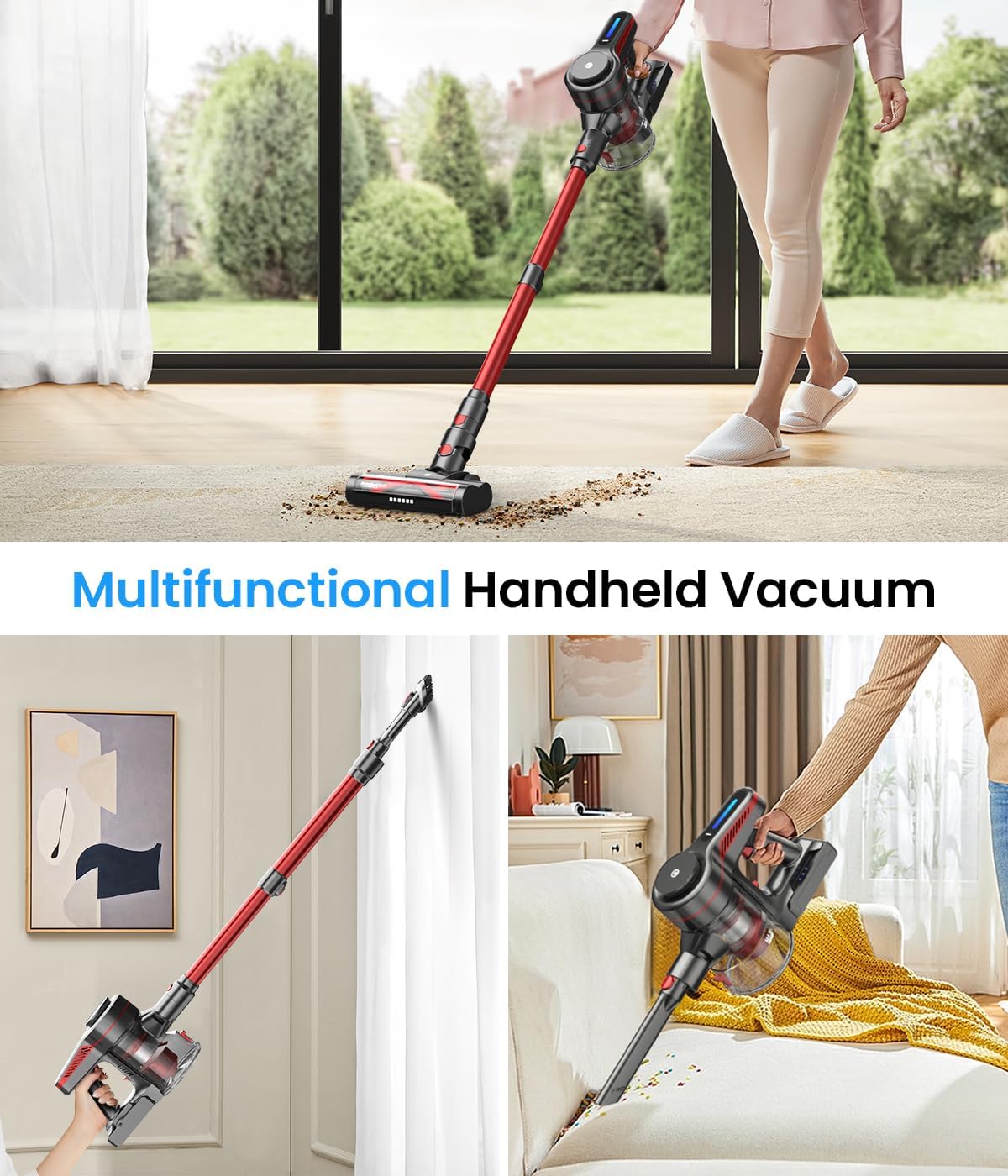 Cordless Vacuum Cleaner, Stick Vacuum with Powerful Suction, 45Mins Runtime Vacuum Cleaners for Home, Anti-tangle and 1.5L Dust Cup, 6 in 1 Lightweight Vacuum for Hardwood Floor Carpet Pet Hair
