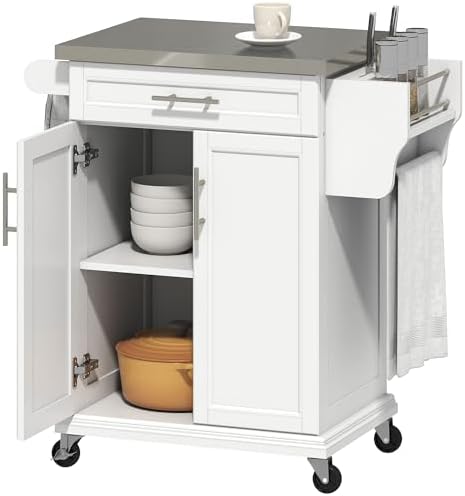 HOMCOM Kitchen Island on Wheels, Rolling Kitchen Cart with Stainless Steel Countertop, Drawer, Towel Rack and Spice Rack, Utility Storage Trolley, White