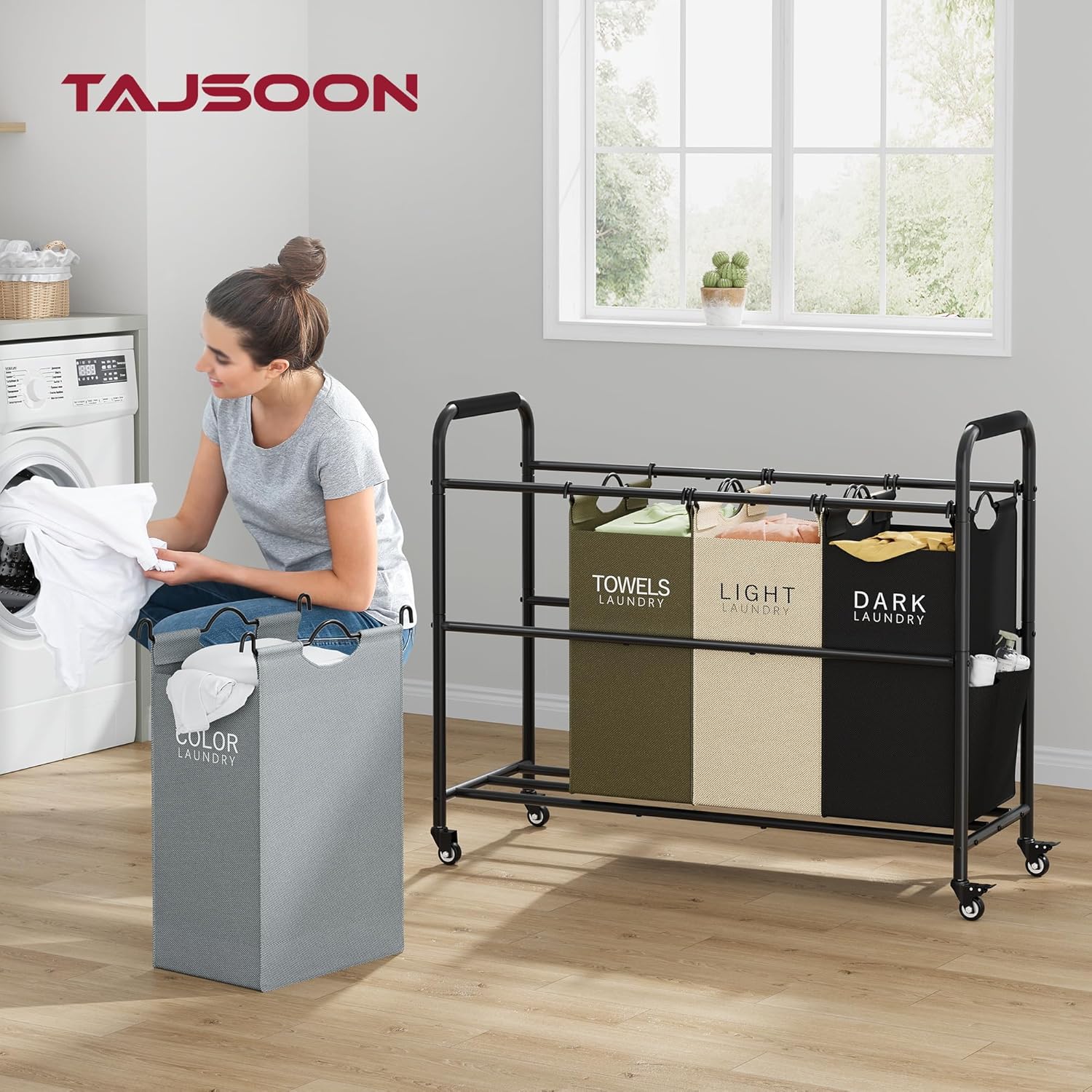 Tajsoon 4 Bag Laundry Sorter Cart, 4 Section Laundry Hamper Sorter with Heavy Duty Lockable Rolling Wheels, Laundry Separator Hamper with Removable Bags for Dirty Clothes Storage, 4 Colors