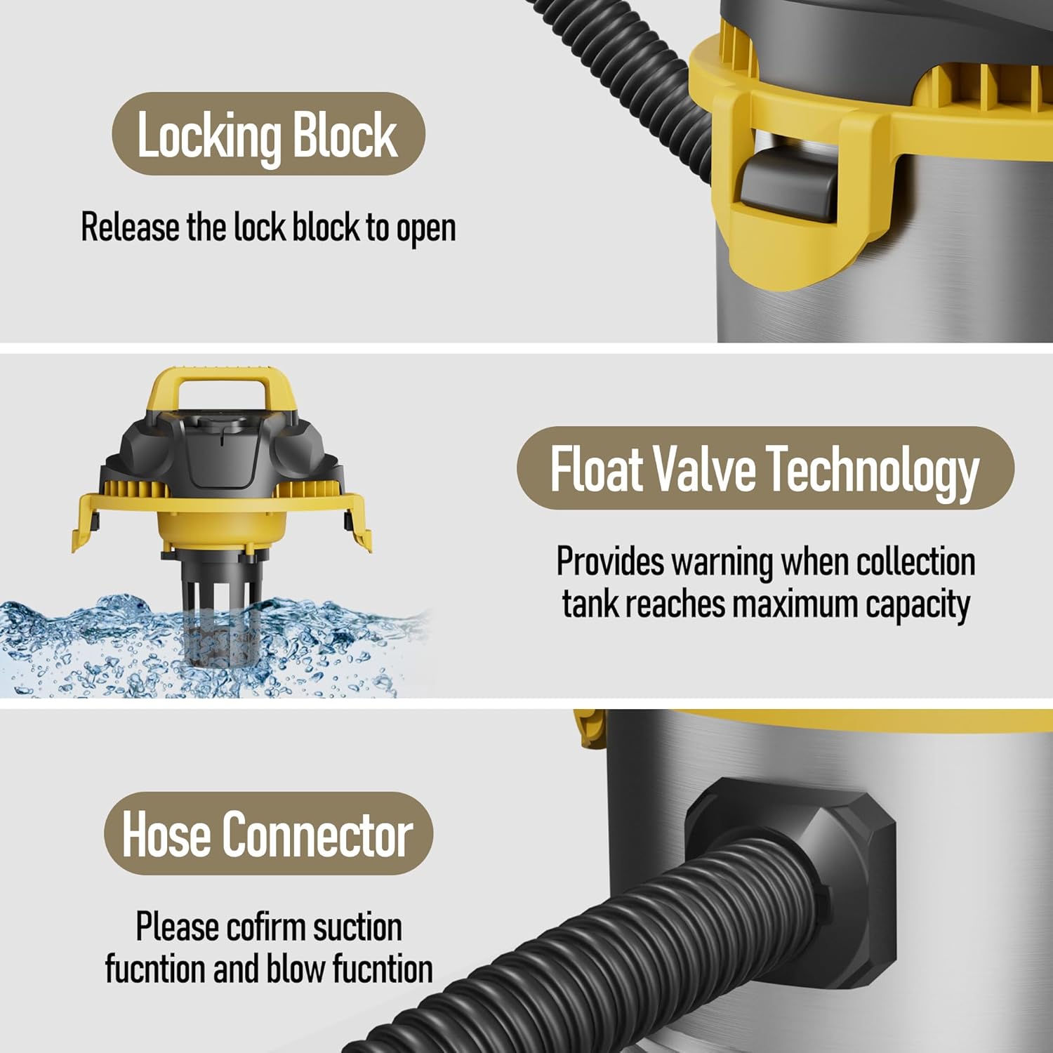 5.5-Gallon Premium Stainless Steel Wet/Dry VacuumCleaner, 12-Foot Power Cord, 20KPa Powerful Suction withblower Function, Ideal for pet Hair, garages, Cars, andhome workshops.