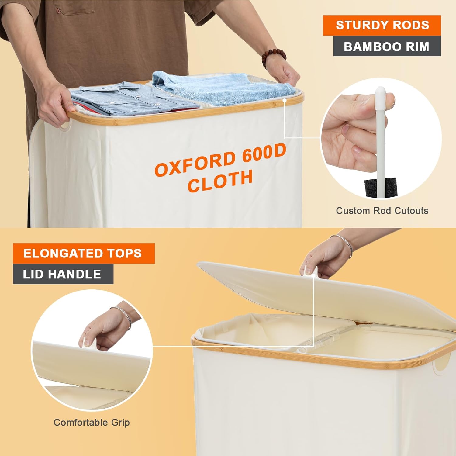 GARPROVM Double Laundry Hamper with Lid 150L Large Laundry Basket with Bamboo Handles Foldable Clothes Hampers with 2 Removable Liner Bags for Laundry for Bedroom Bathroom Dorm Laundry Room (Beige)