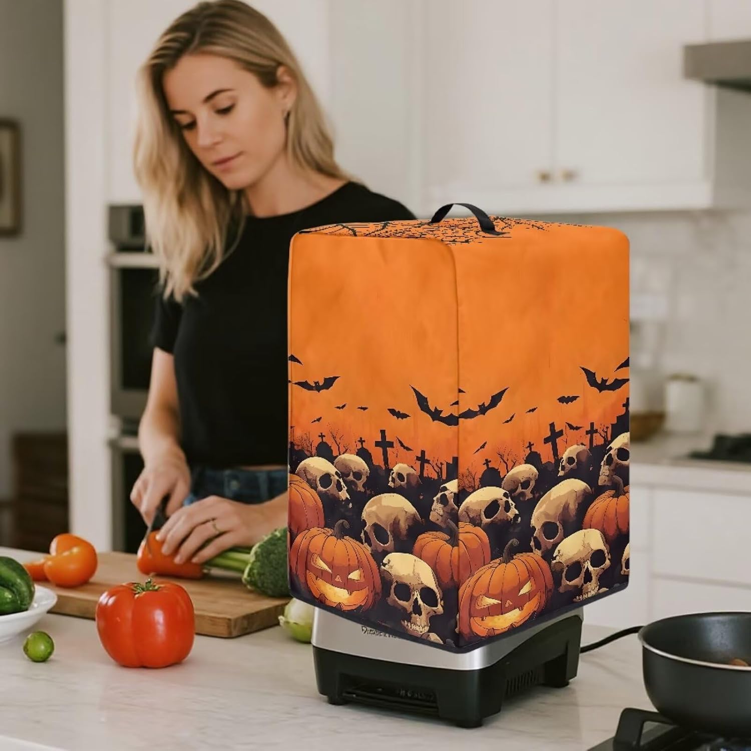 Foldable Juicer Cover – Blender Dust Proof Cover, Fits Most Stand Mixers, Machine Washable, Stylish Floral Print, Home Kitchen Skull Pumpkin With Bat