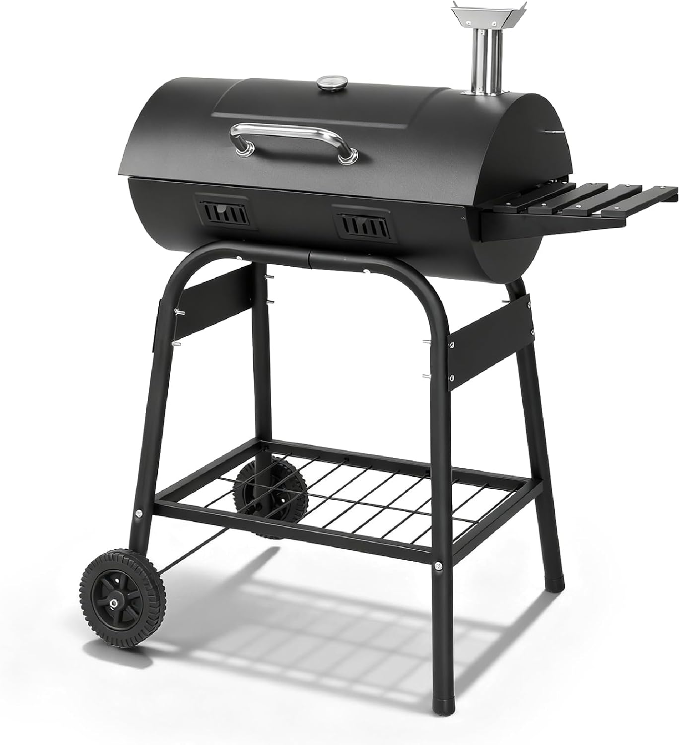 VINGLI Upgraded Barrel Charcoal Grill with 2 Sides Table, BBQ Grill Outdoor Smoker with Wheels for Party Garden Patio and Backyard Cooking 39''D × 24''W × 46''H (Upgraded Grill w/Side Table)