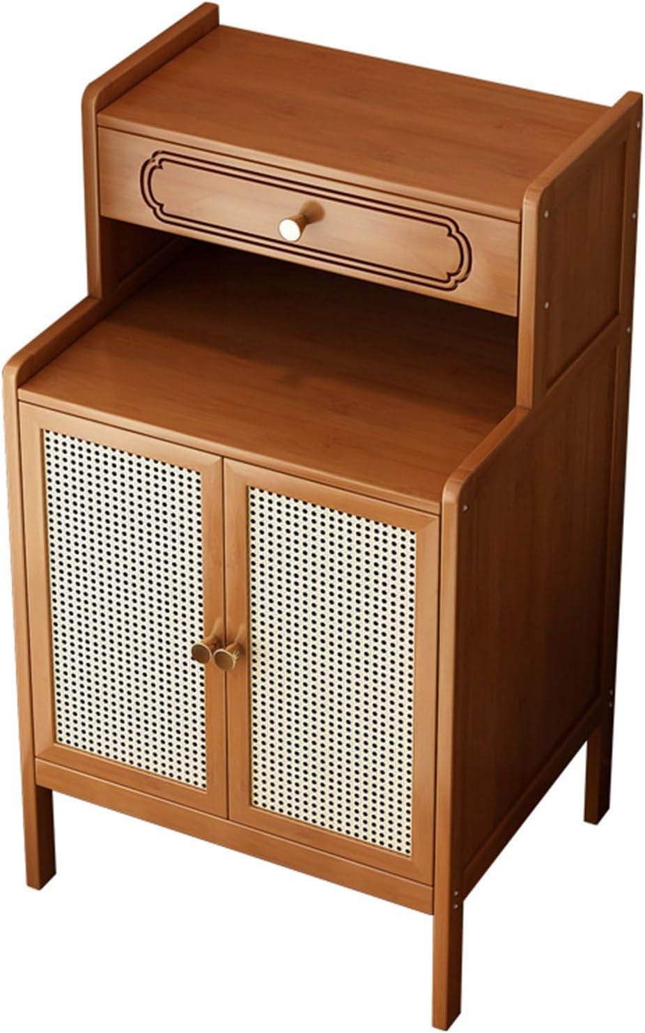 Wooden Robot Vacuum Storage Cabinet with Rattan Door Modern Side Table Storage Cabinet with Drawer End Table Space Saver Open Base for Living Room, Kitchen, Office(Natural)