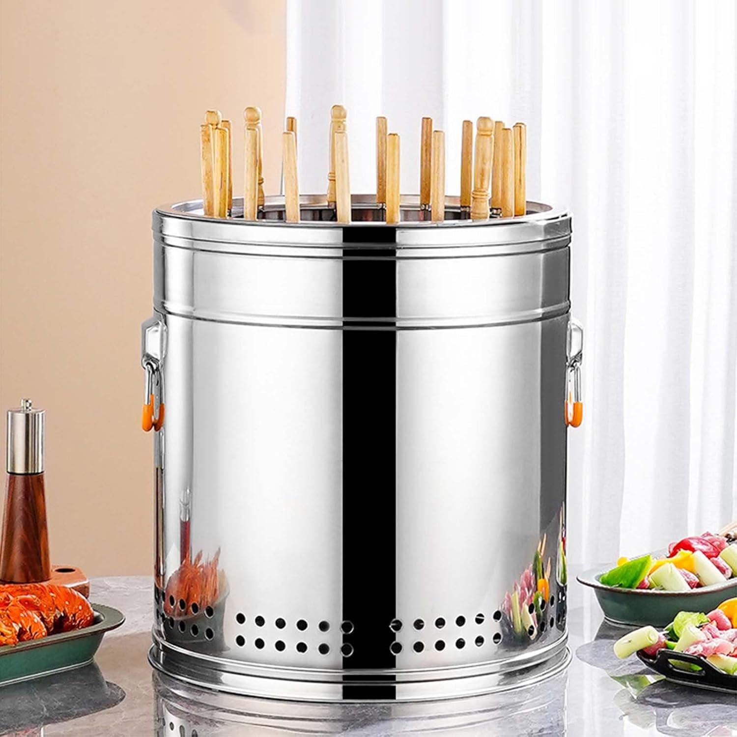 Barbecue Grill Smoker Smokeless Barbecue Hanging Grill with 30 Skewers Stainless Steel Charcoal BBQ Stove Charcoal Braised Grill Barrel Large Capacity Portable 360°All Round Roasting Oven