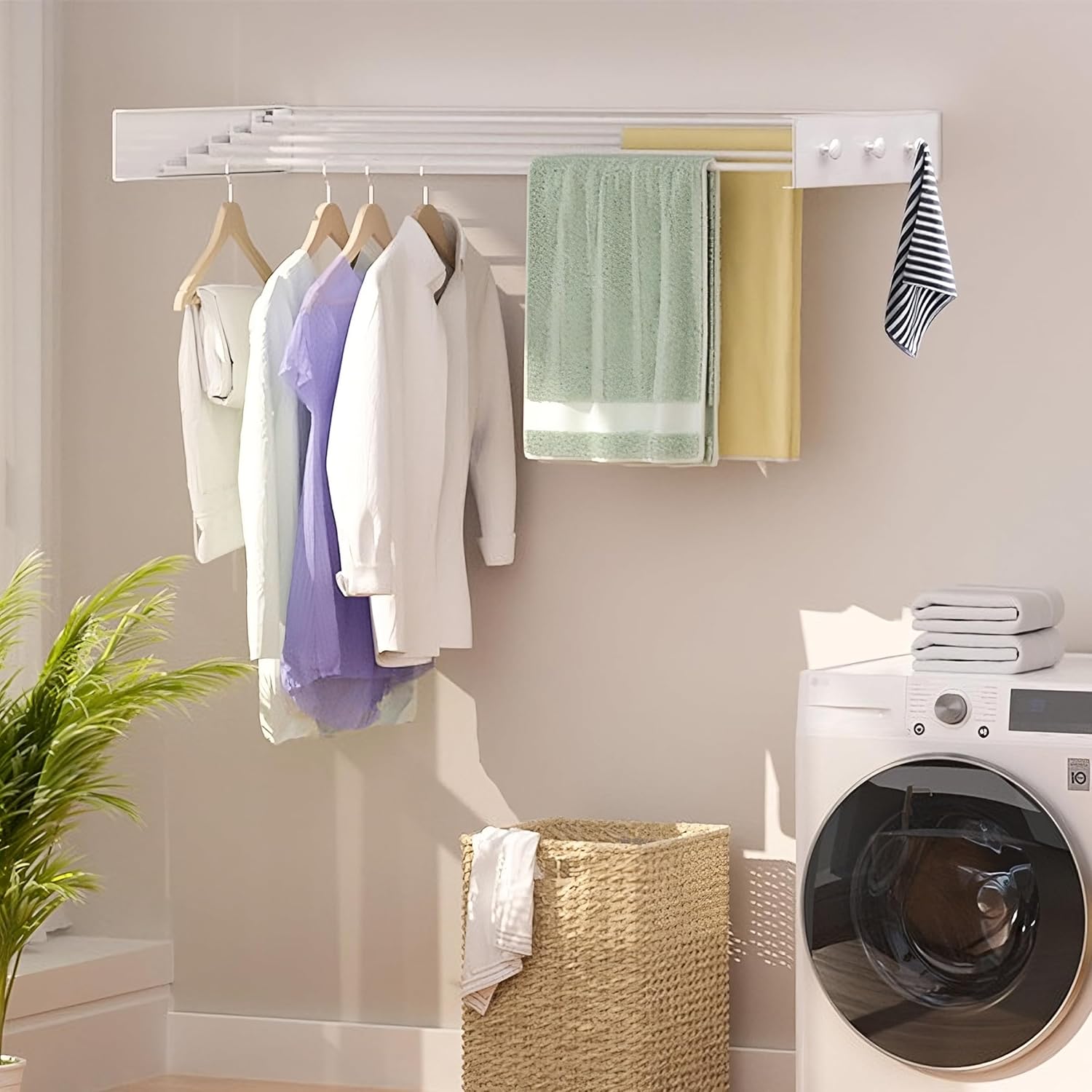 Upgrade 6 Knob Wall Mounted Clothes Drying Rack, Foldable Collapsible, Indoor, Clothing & Towel Drying Rack with Wall Template, 5 Rods, 31.5