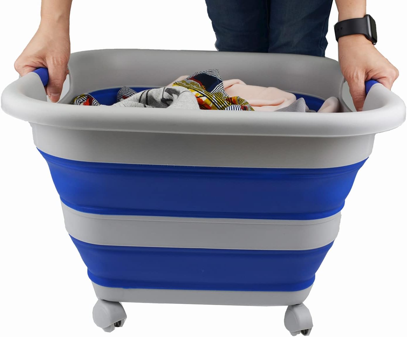 SAMMART 39L (10.3 Gallons) Collapsible Plastic Laundry Basket with Wheels-Foldable Pop Up Storage Container (1, Grey/Purplish Blue)