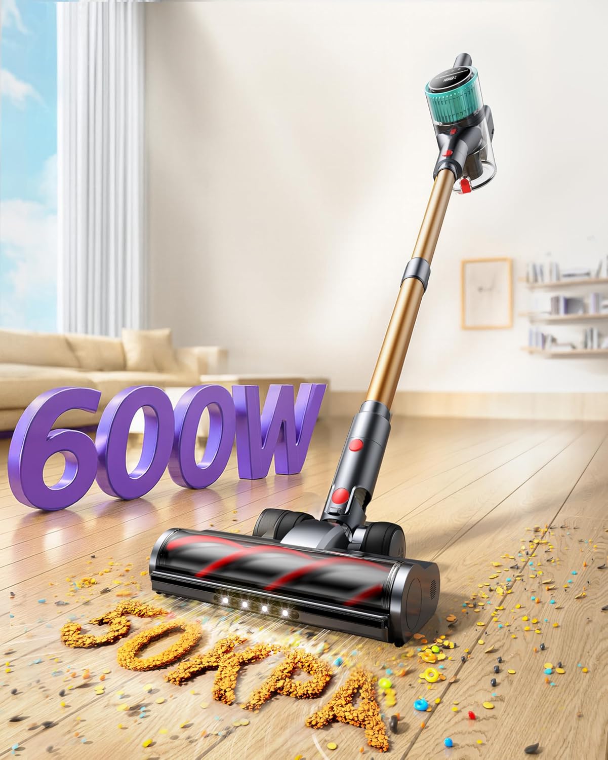 Cordless Vacuum Cleaner, 50Kpa 600W Vacuum Cleaner for Home, 60Mins(Eco) Stick Vacuum Cordless Rechargeable Self-Standing, Wall Mount Charging Hand Vacuum for Carpet Pet Hair Hardwood Floor