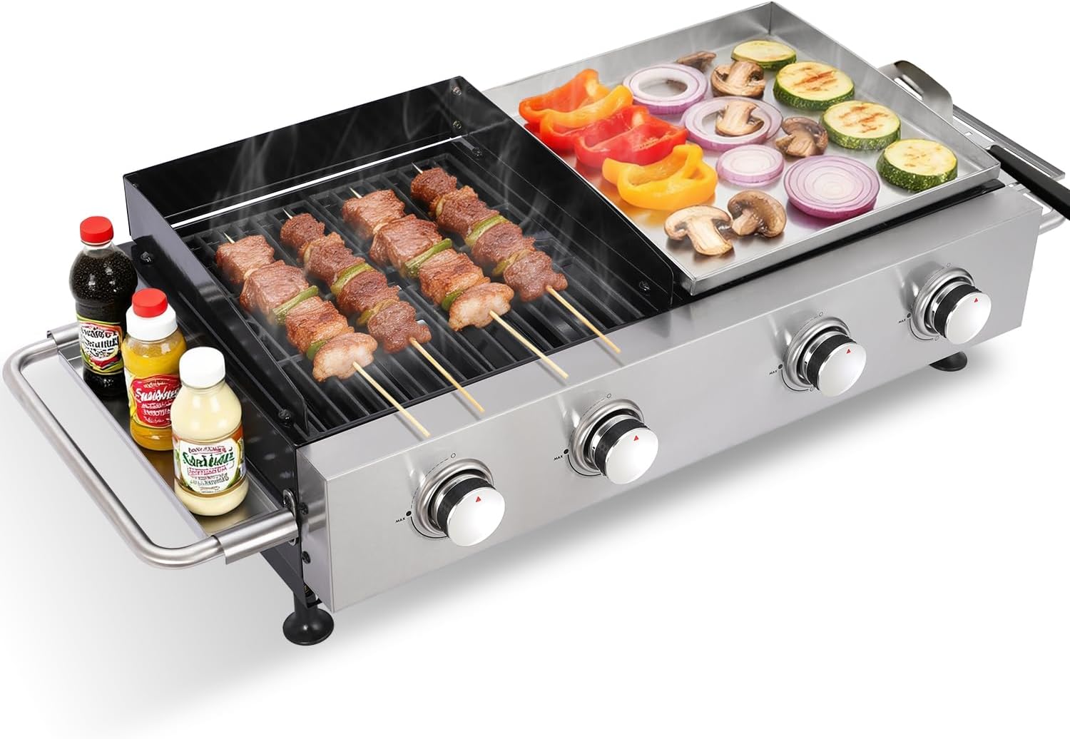 Cookit Portable Gas Grill and Griddle Combo, 4-Burner Propane Grill with Stainless Steel Griddle & Cast Iron Grates, Grease Management, Stainless Steel Side Shelf & Utility Tray for Outdoor BBQ