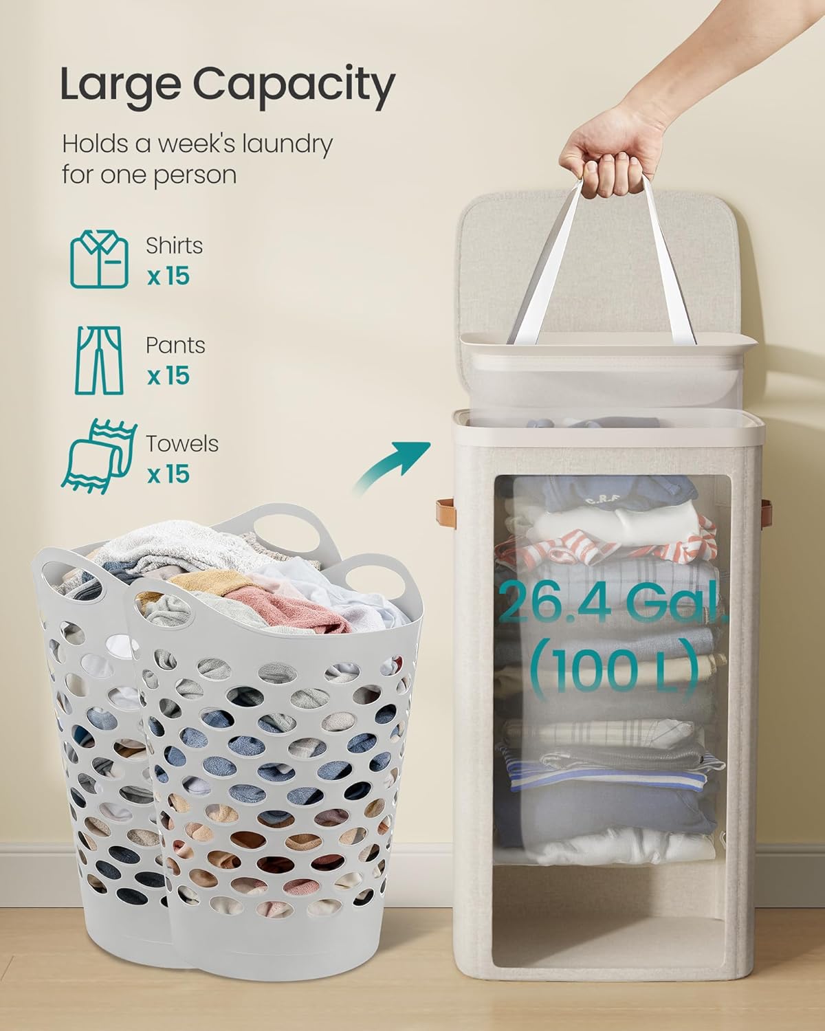 SONGMICS Laundry Basket, 26.4 Gal. Laundry Hamper, Easy Assembly, with Lid and Handles, Removable Liner, 16.5 x 12.6 x 29.5 Inches, Cappuccino Beige ULCB811LH01