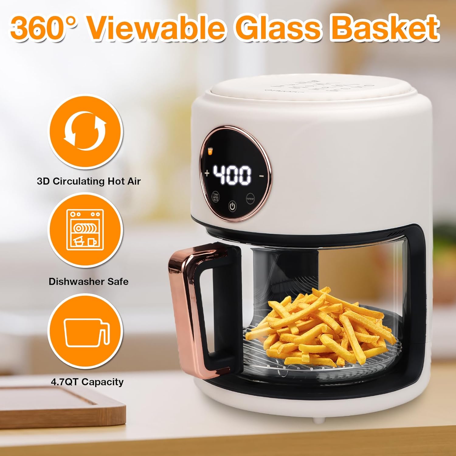 4.7QT Glass Air Fryer, 360° Viewable Glass Air Fryer Non Toxic, 6-IN-1 Preset Cook Modes, Digital Display, Adjustable Temp 100F - 400F, Nonstick, Dishwasher Safe, White