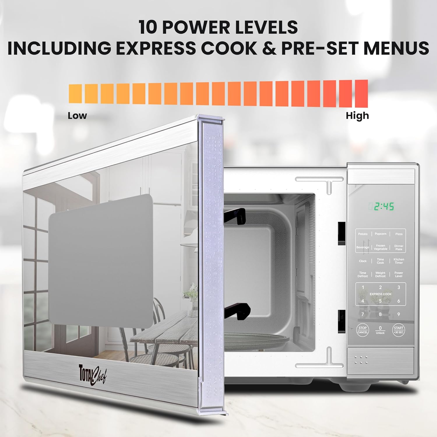 Total Chef 0.7 Cu Ft Microwave Oven - Countertop Small Kitchen Appliance, Stainless Steel Microwave with Digital Touch, Pre-Set Functions, 10” Turntable, 700 Watt