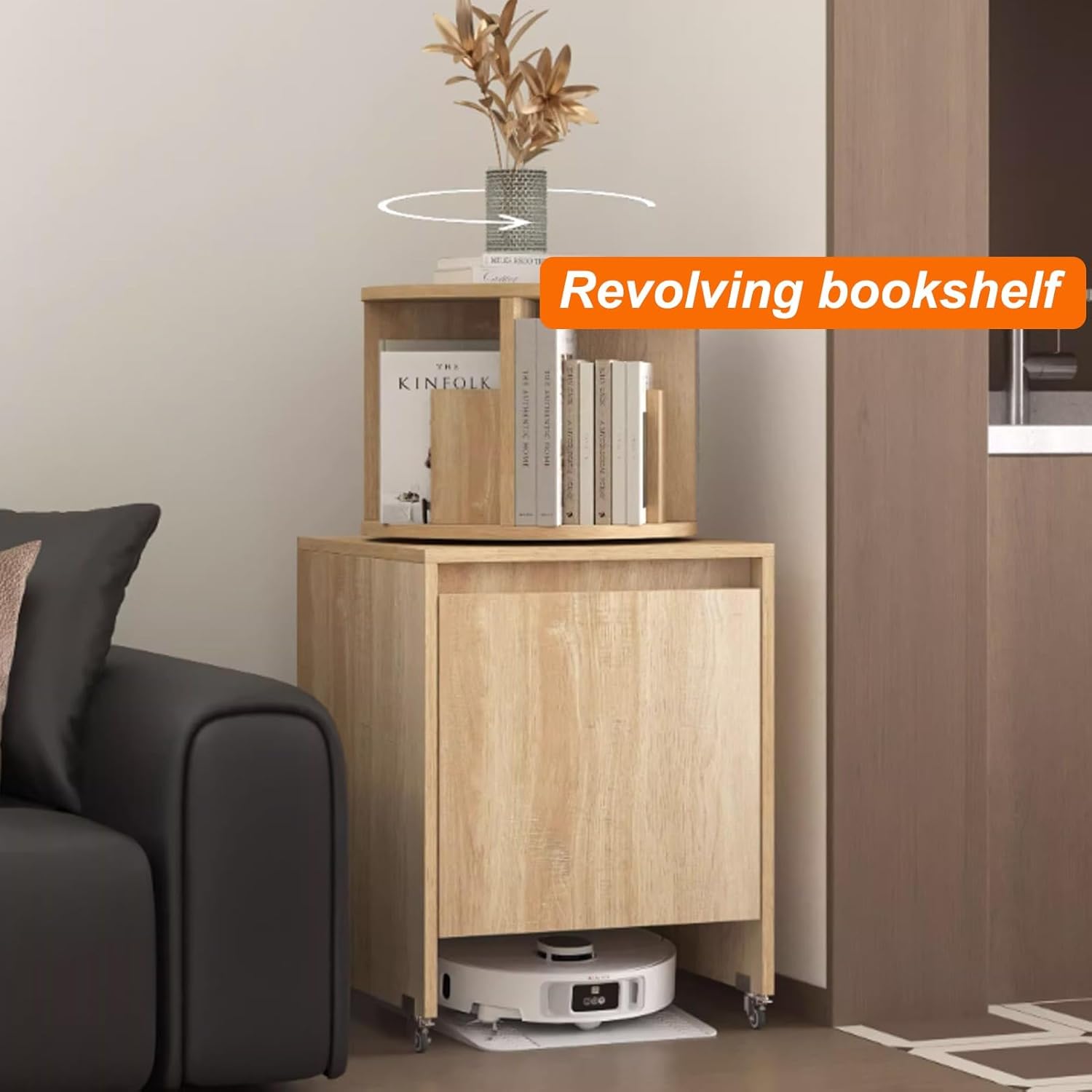 Robot Vacuum Stand Cabinet, Vacuum Hidden Cabinet for Sweeping, Vacuums Hidden Cabinets for Sweeping, Movable Storage Rack, Multi-Function Rotating Bookshelf(Natural,19.6x19.6x25.5'')