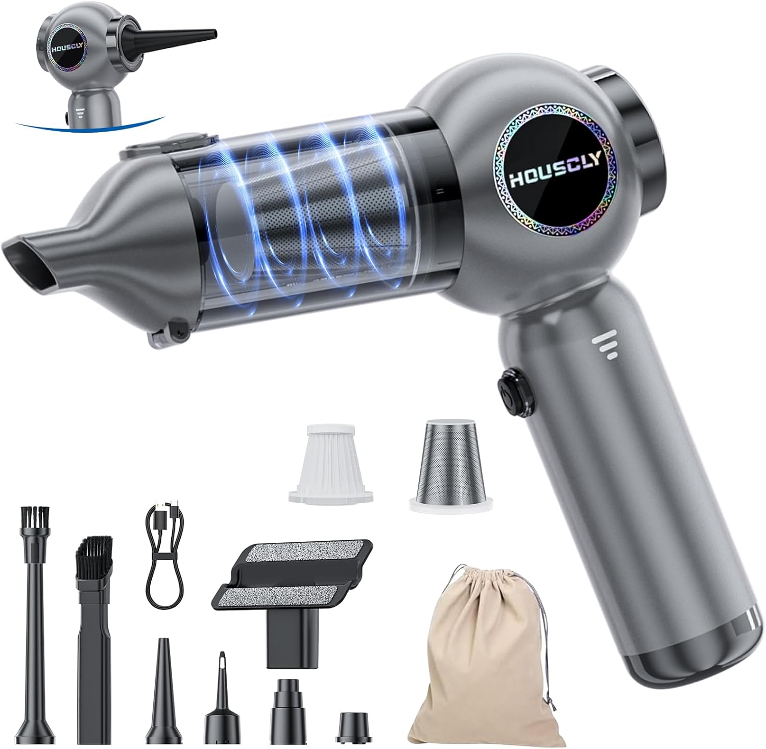 Handheld Car Vacuum Portable Cordless 25000Pa High Power Small Mini Hand Vacuum Cleaner Rechargeable 4-in-1 Compressed Air Duster Blower Pump Wireless Handheld Vac for Car Office Desktop Home Cleaning