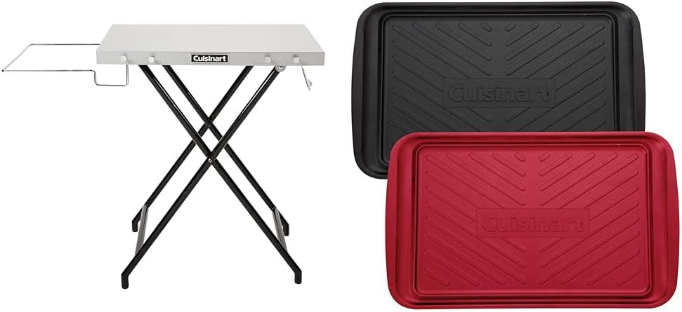 Cuisinart CPT-2110 Fold 'n Go Prep Table & Grill Stand, Portable Outdoor Food Prep Station for Patio & CPK-200 Grilling Prep and Serve Trays, Black and Red Large 17 x 10. 5