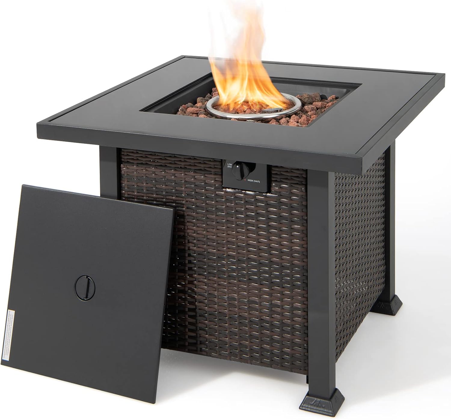Tangkula 50,000 BTU Propane Fire Pit Table, Patiojoy 32 Inch Wicker Gas Fire Pit with Removable Lid and Lava Stone, Outdoor Square Rattan Fire Table with PVC Cover, Mix Brown