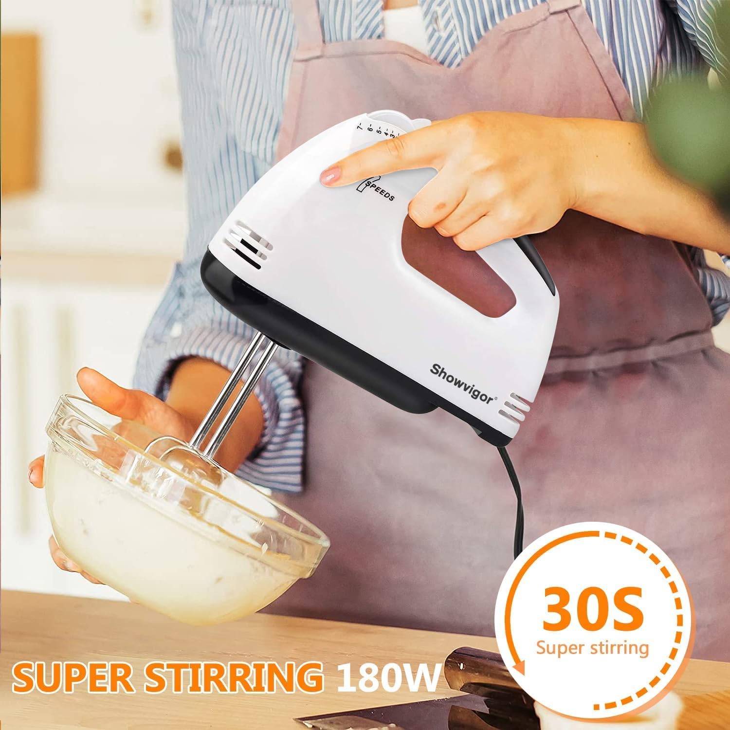 Electric Hand mixer - 7 Adjustable Speed 180W Handheld Mixer Electric Whisk with 5 Stainless Steel Accessories, Turbo Boost/Self-Control Speed + Eject Button Food Beater for Cakes Eggs
