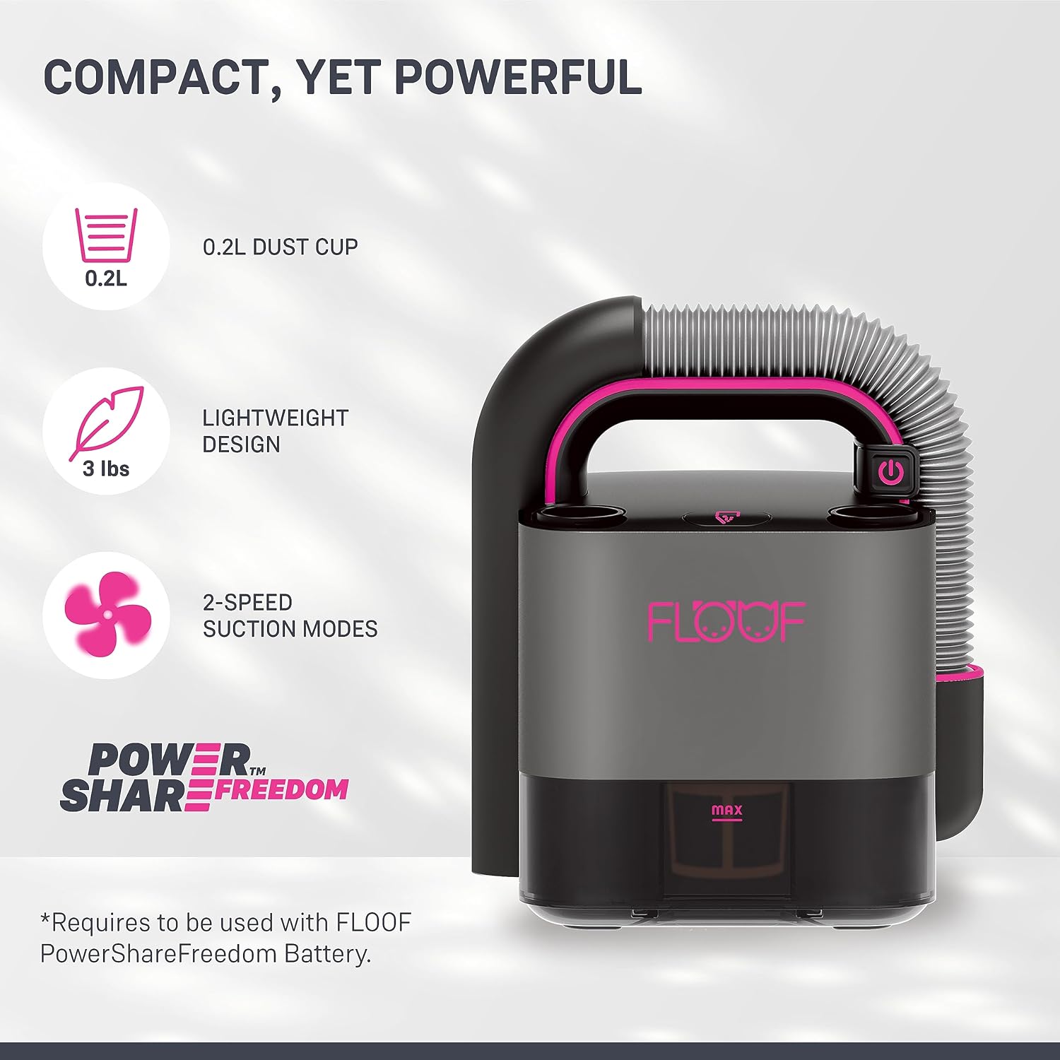 FLOOF Hand Cordless Retractable, 17000 Pa Pet Hair 2-Speed, Compact and Portable Vacuum for Car, Cube Vac, 20V Powershare Freedom (Battery and Charger Included), Gray