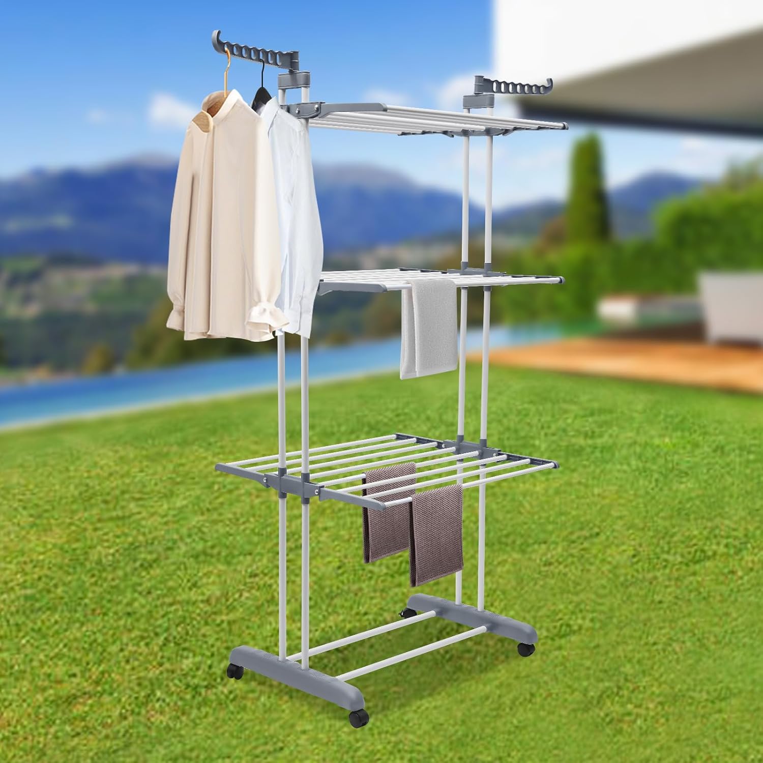 Clothes Drying Rack, Multifunctional Stainless Steel Folding Clothes Drying Rack, 4-Tier Metal Laundry Garment Dryer Stand for Bedroom, Lofts, Balconies, Patios (Gray)