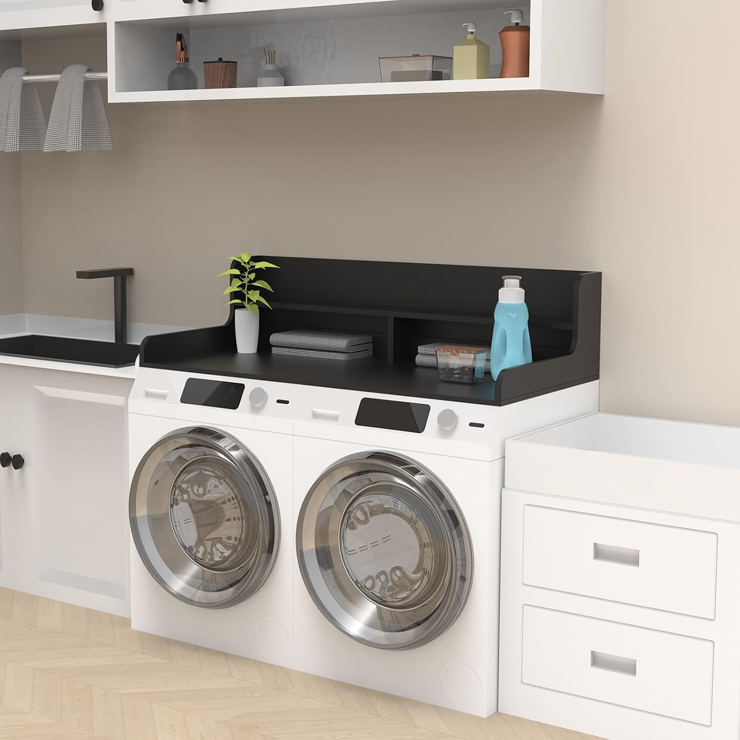 2-Tier Washer Dryer Countertop, Wood Laundry Countertop with Edge, 54