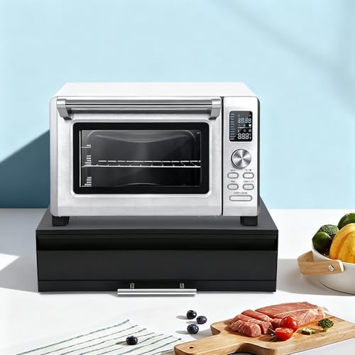 Countertop Drawer | Microwave Stand with Pull-Out Shelf & Drawer | Rust-Resistant Carbon Steel | Modern White Design | Easy Assembly | Fits Small Appliances & Kitchen Essentials (Black)