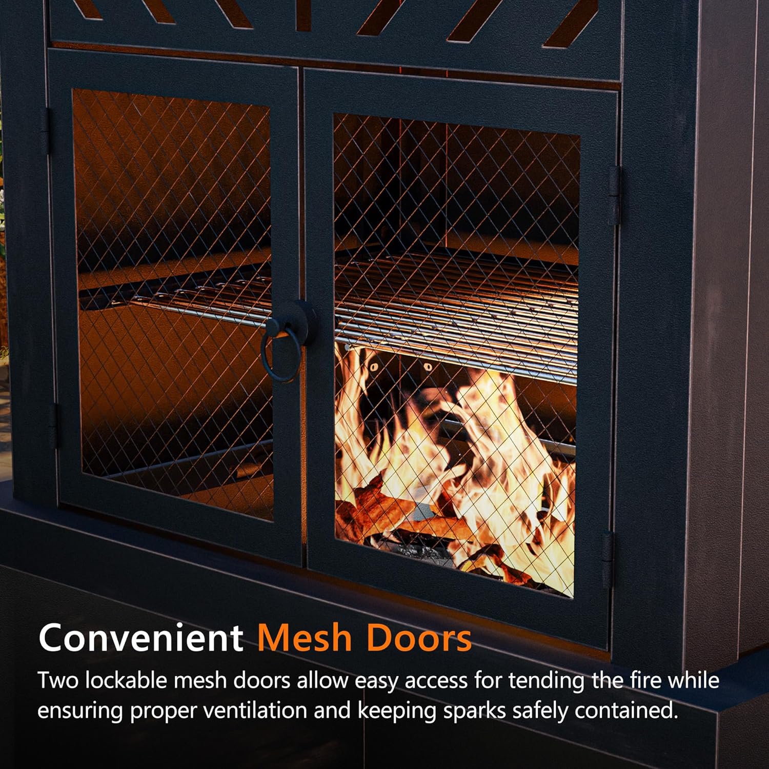 Outdoor Fireplace with Chimney and Wood Storage, Metal Wood Burning Fire Pit with Heat Resistant Gloves, Fire Poker and Grill Mesh, Outside Fireplace for Patio, Garden and Deck, Black