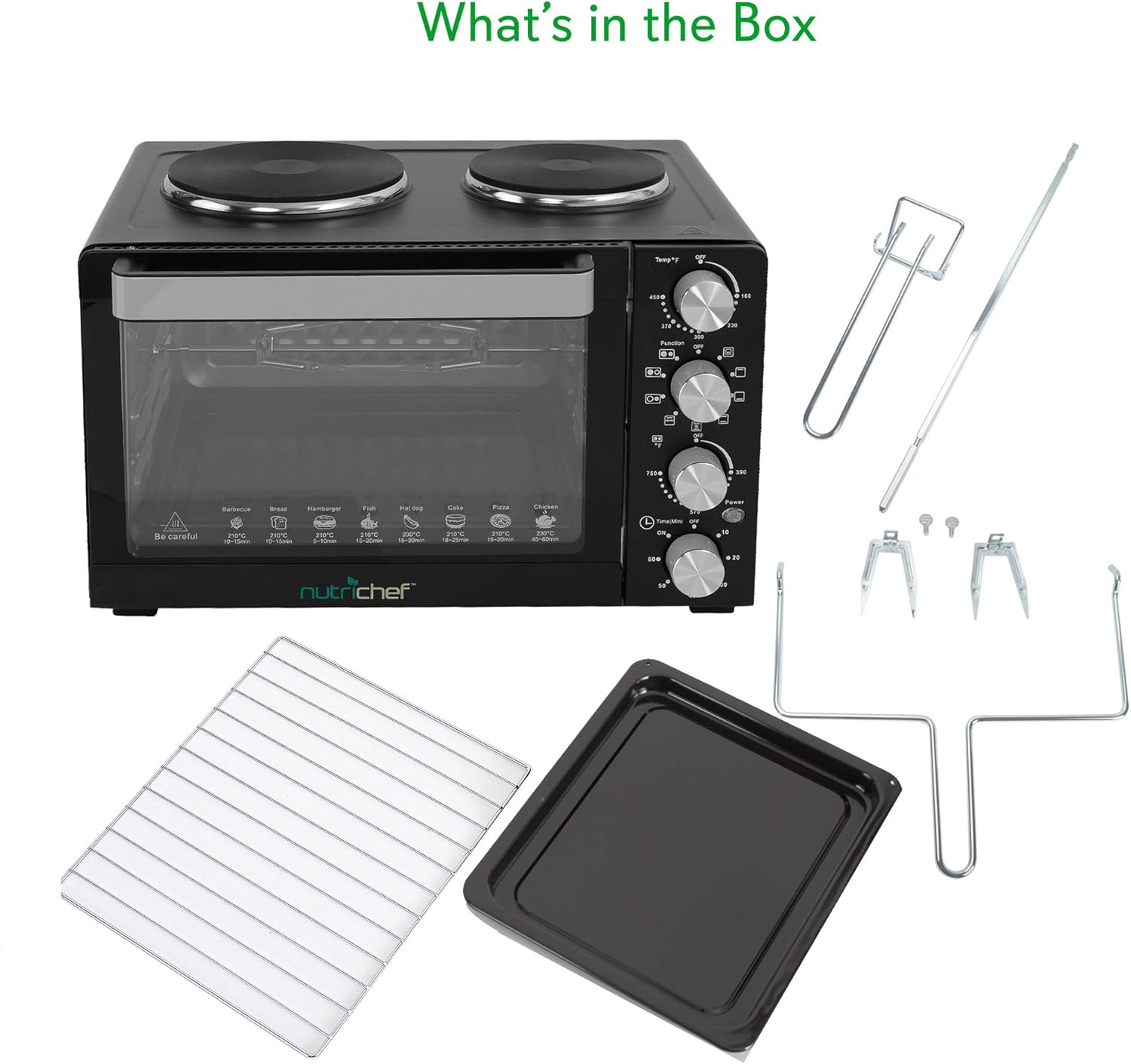 NutriChefKitchen 30 Quarts Kitchen Convection Oven - 1400 Watt Countertop, Rotisserie Roaster Grill, Top Rack, Dual Hot Plates, Toaster, Baking Tray, PKRTO29