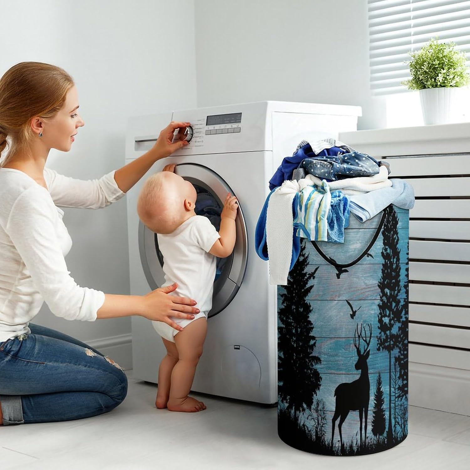 Rustic Forest Wood Board Deer Laundry Hamper Dirty Clothes,Abstract Hunting Theme Jungle Wildlife Silhouette Deer Bird Large Laundry Basket Storage Basket For Bathroom 15.7W