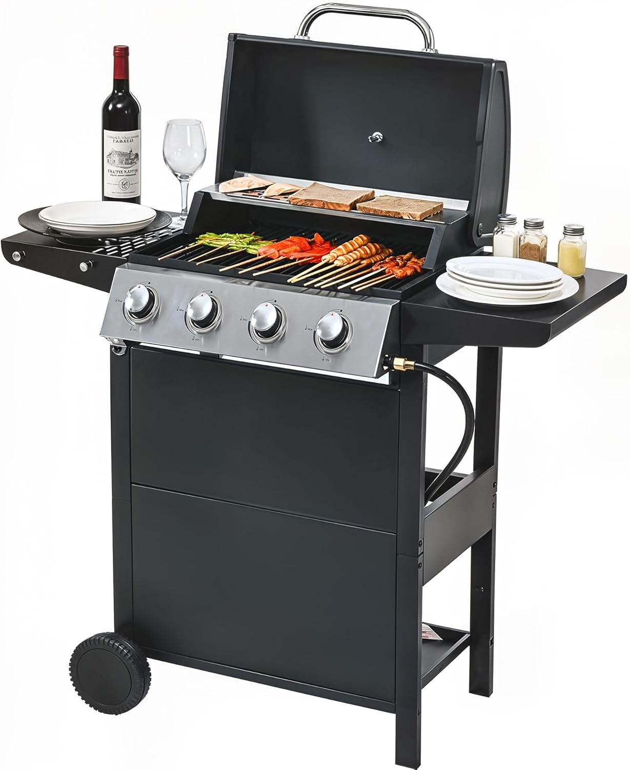 4-Burner Propane Gas BBQ Gril, Rain Cover Design, Stainless Steel Gas Grill with 40,500 BTUs Output for Outdoor, Camping, Barbecue Grilling Backyard Cooking, Black Silver