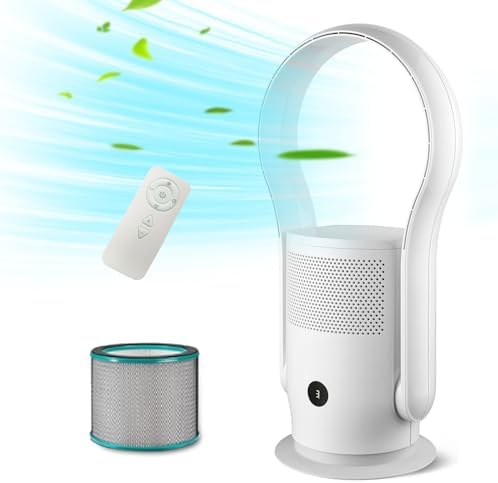 Bladeless Tower Fan with HEPA Filter, 80° Oscillating Bladeless Fan with Remote Control,9 Speeds, 8H Timer, Floor Fan for Home Bedroom, Office, White