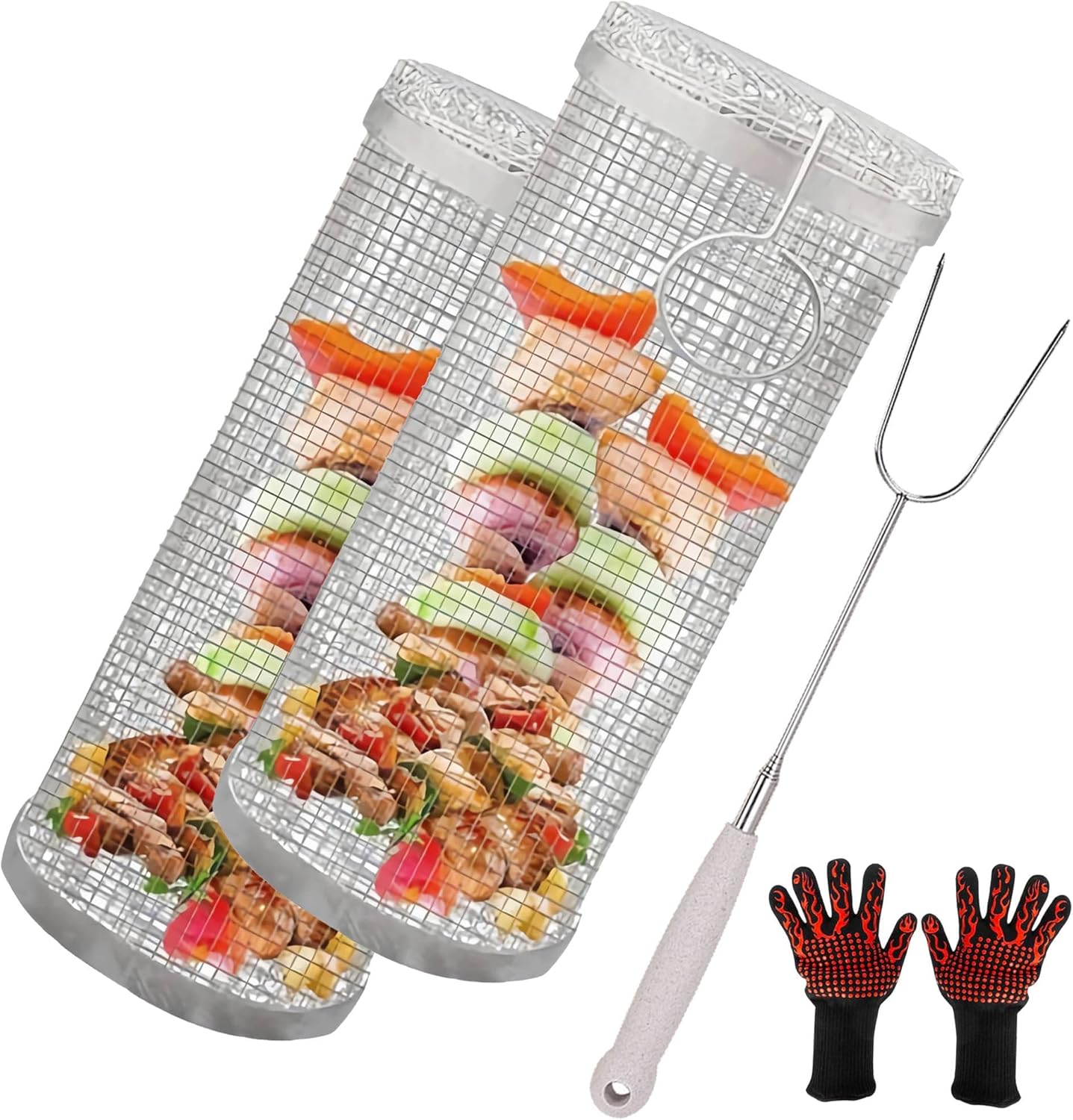 Rolling Grilling Basket,Portable Outdoor Camping Round Barbecue Rack for Vegetables,French Fries,Fish,Versatile Round Grill Cooking Accessories