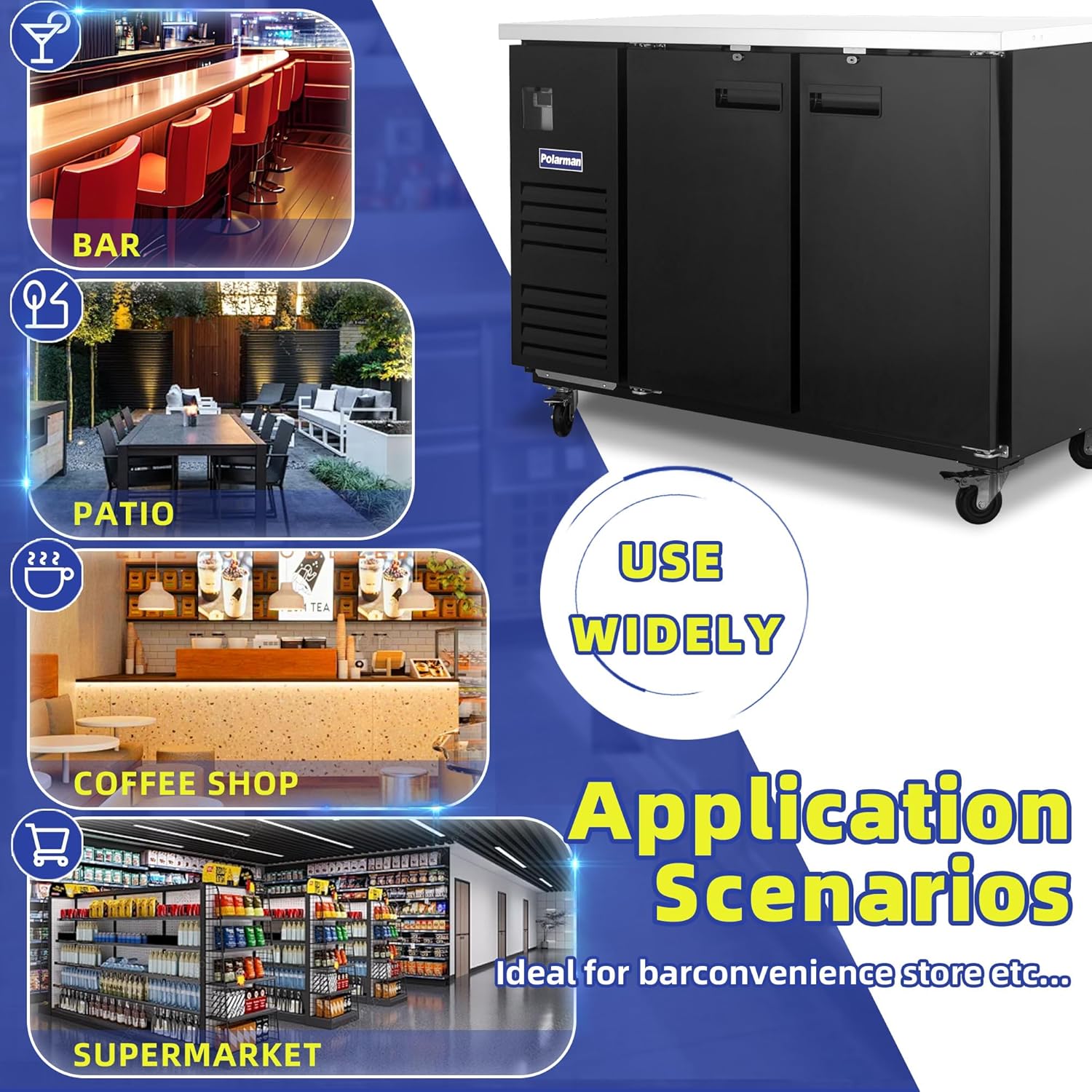 Polarman Back Bar Cooler Solid Door Beer refrigerator NSF/ETL Certified Undercounter Beverage Fridge 20.4 Cu-ft Capacity| 33°F-41°F Digital Control | Stainle ss Steel Interior & Heavy-Duty Casters