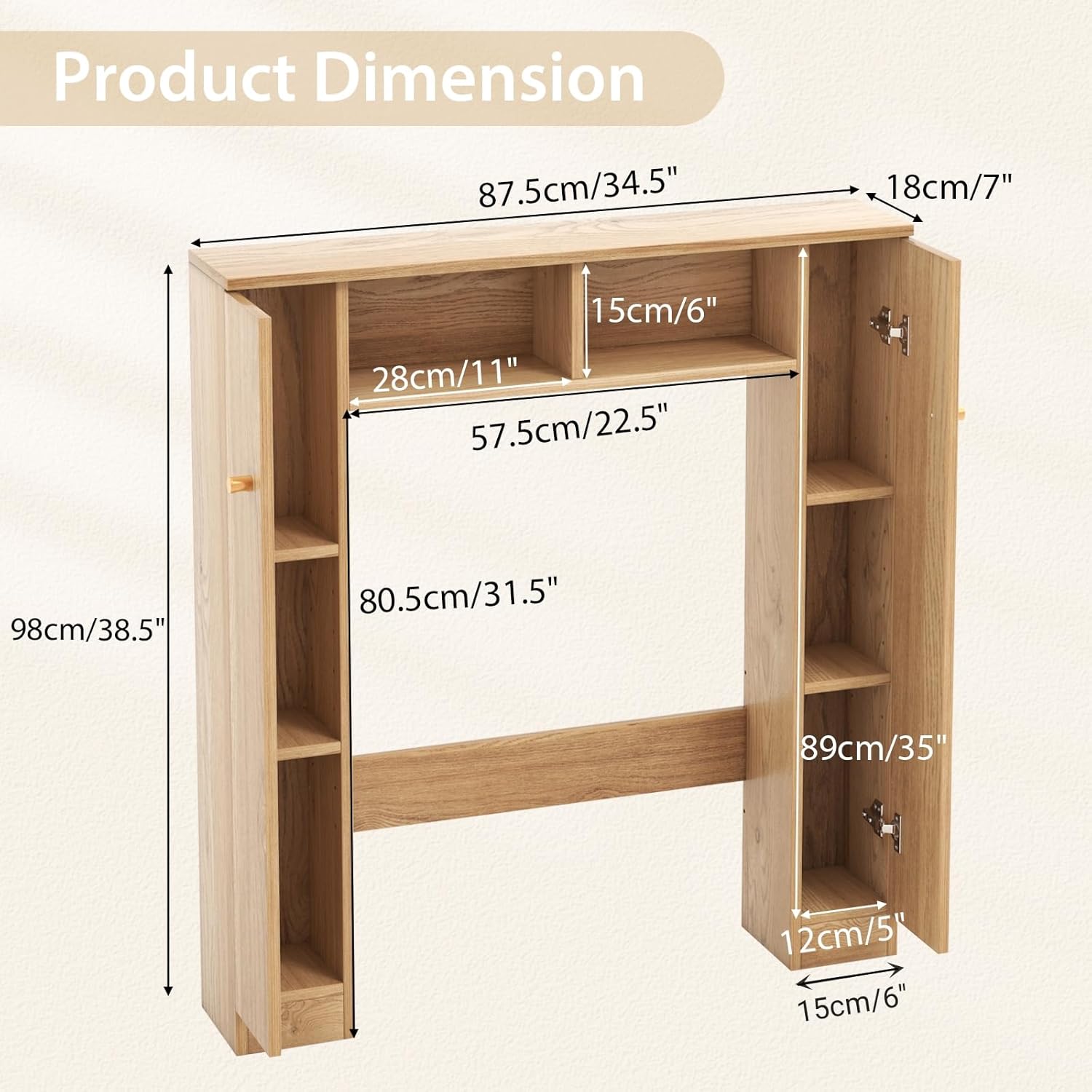 Giantex Over The Toilet Storage Cabinet, Double Door Freestanding Bathroom Organizer w/ 2 Open Compartments & 4 Adjustable Shelves, Bathroom Space Saver, Laundry Room Storage Rack (Natural)