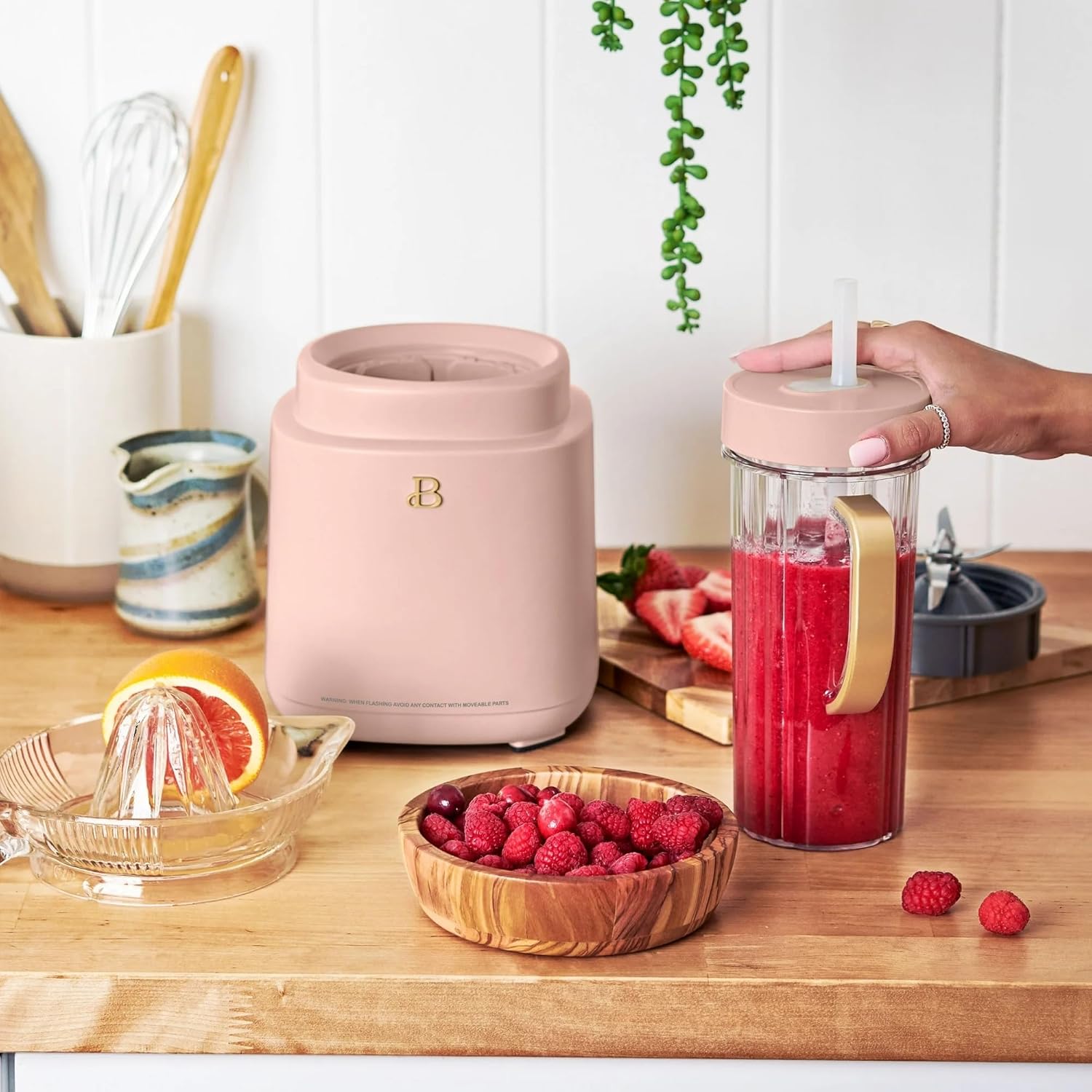 Beautiful PowerExact Blender System with 700W Motor, 50oz Tritan Jar, 20oz Single-Serve Cup, No Drippy Sippy™ Lid, 3 Speeds & 4 Pre-sets by Drew Barrymore (Rose)