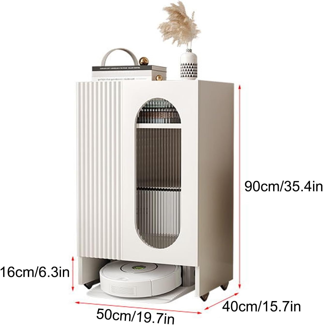 Storage Cabinet with Door for Robot Vacuum, Robot Vacuum Hiding Cabinet, with Wheels Household End Side Table, Wood Organizer Stand for Living Room, Home Office(Champagne)