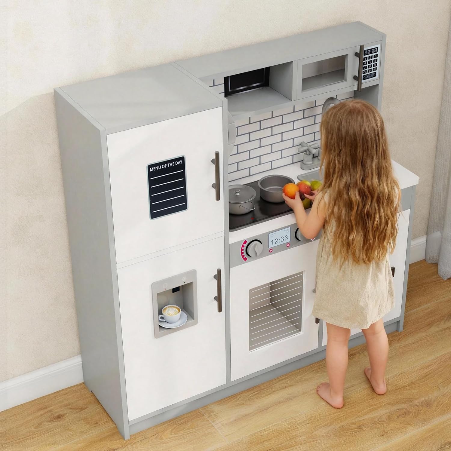 Kids Kitchen Playset with Lights & Sounds, Wooden Play Kitchen with Sink, Washing Machine, Ice Maker & Pretend Play Accessories, Educational Toy Kitchen Set for Toddlers, White