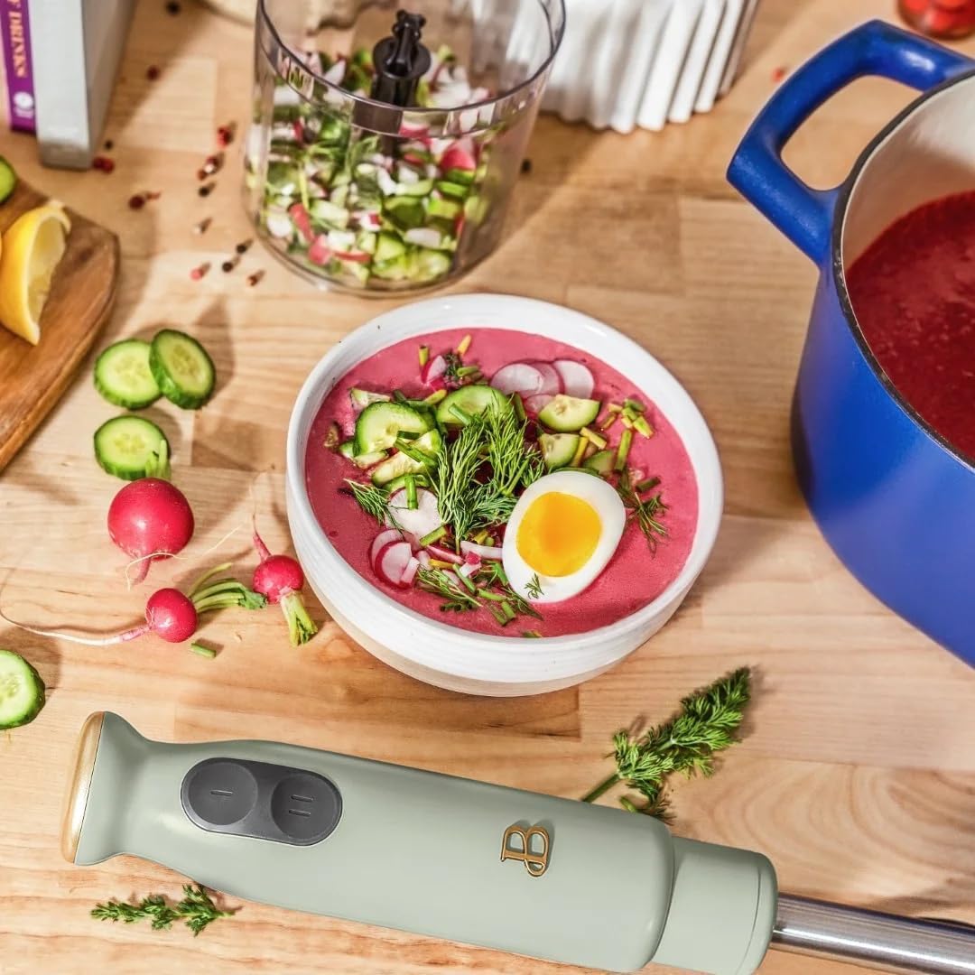 Beautiful 2-Speed Immersion Blender with Chopper & Measuring Cup, Stainless Steel Shaft, Quiet 250W Motor, Cornflower Blue Finish, Dishwasher Safe, Includes Whisk & 24 oz Beaker (Sage Green)