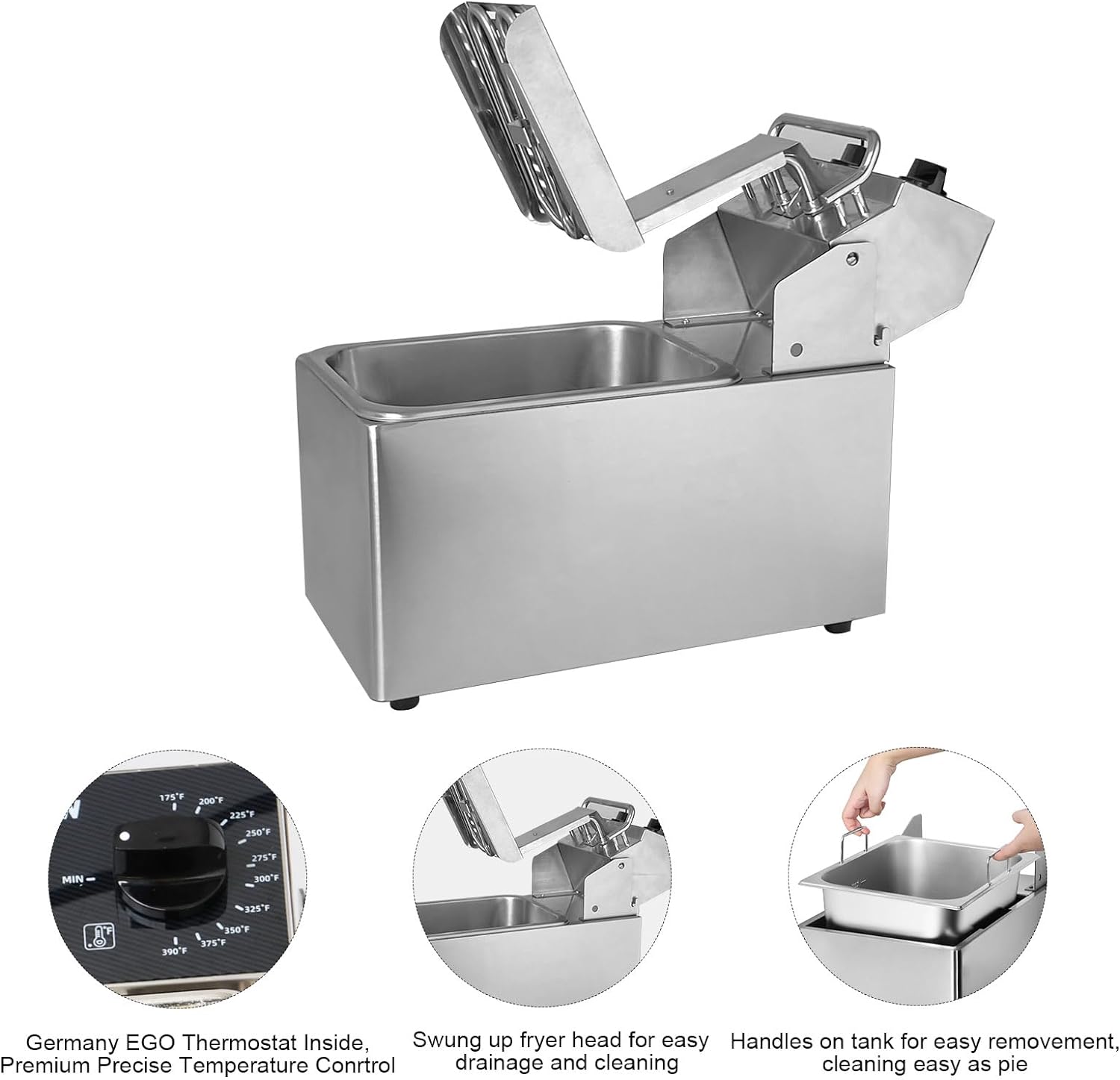 CROSSON 10Lbs Electric Countertop Deep Fryer with Easy Clean Rotary fryer head,30 Minitues Timer,Removable 304 SS Oil Tank with Handle,4.5L Deep Fryer With Basket for Home Use