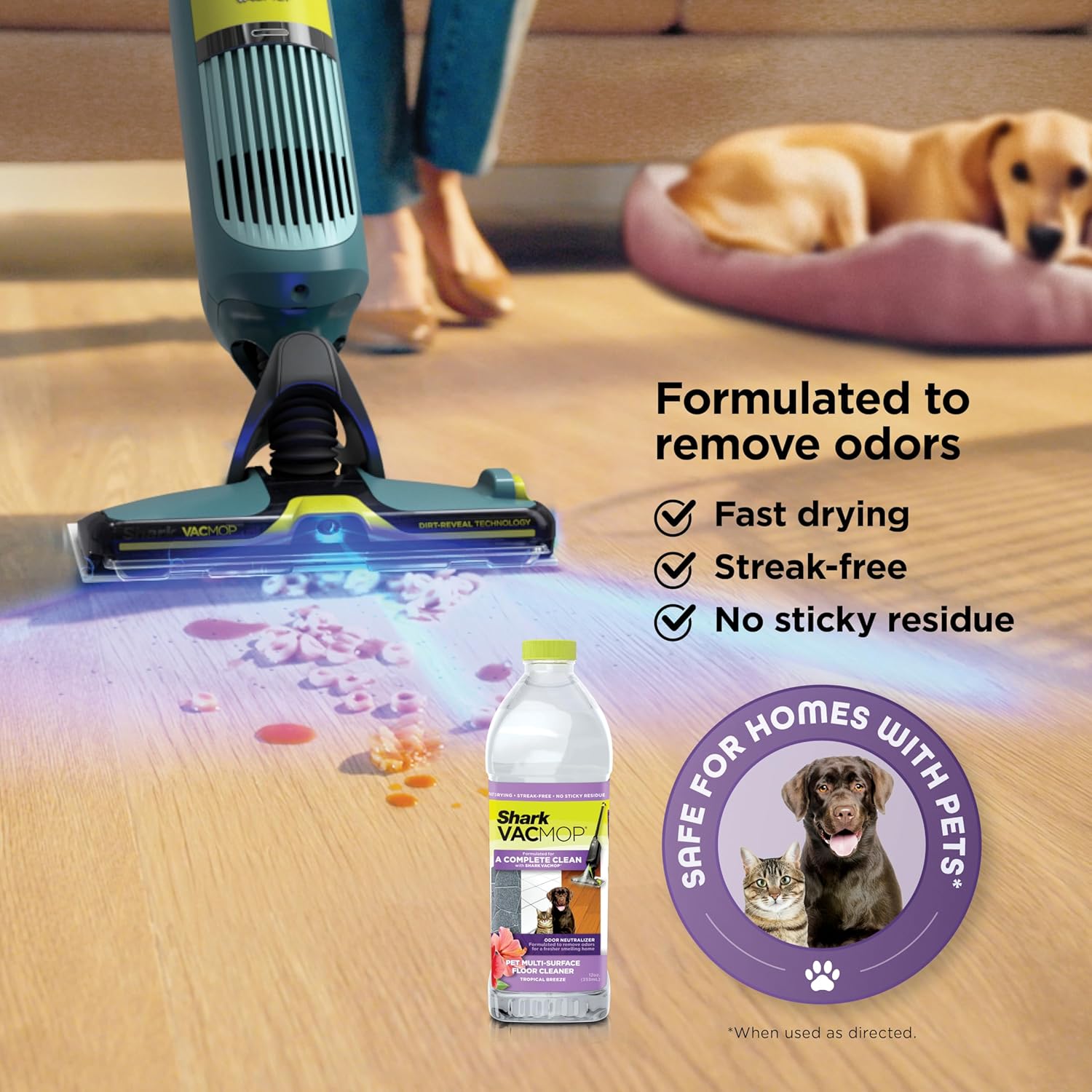 Shark VACMOP Reveal New Cordless Hard Floor Cleaner, Vacuum & Spray Mop, Powerful Suction, Lightweight, Illumination Light, Includes 4 Disposable Pads, 12oz Pet Multi-Surface Cleaning Solution, VM401