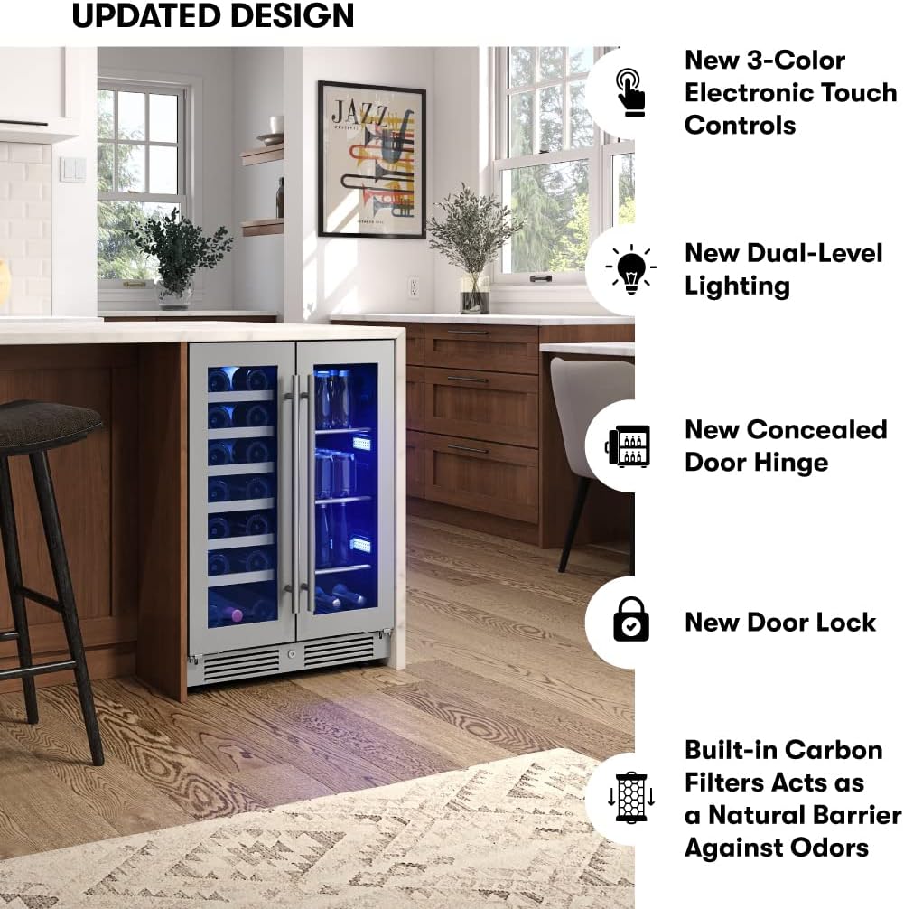 Zephyr Presrv 24 Inch Wine Fridge & Beverage Refrigerator Dual Zone Under Counter - Wine Cooler Cellars Small Beer Fridge Cabinet Drink Chiller Freestanding with French Glass Door 21 Bottles, 64 Cans