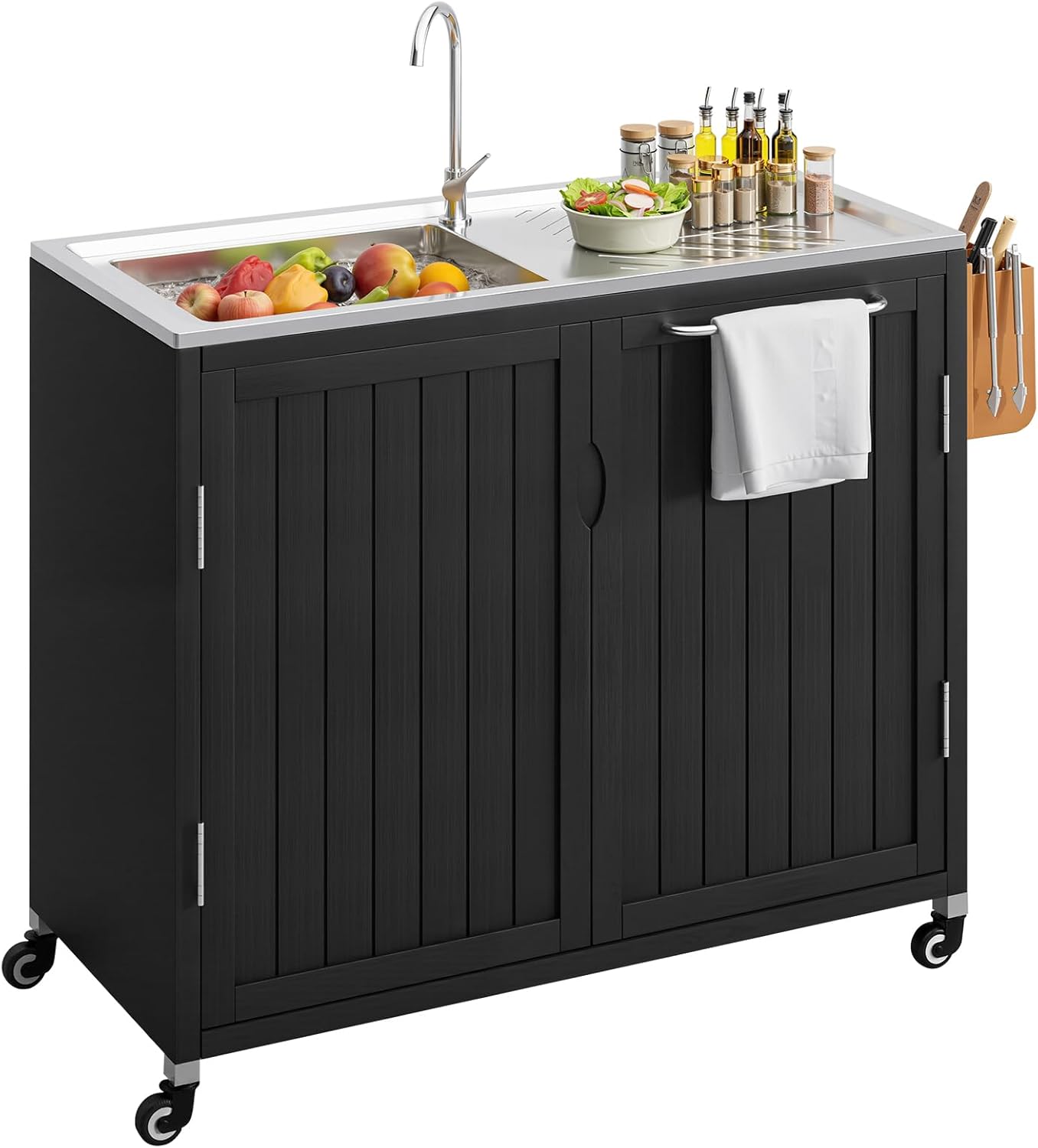 Outdoor Grill Cart with Sink - Solid Wood & 304 Stainless Steel Top, Freestanding Movable Kitchen Island Cabinet with Wheels, Outdoor Kitchen Sink Station ，L39.3 xW19.6